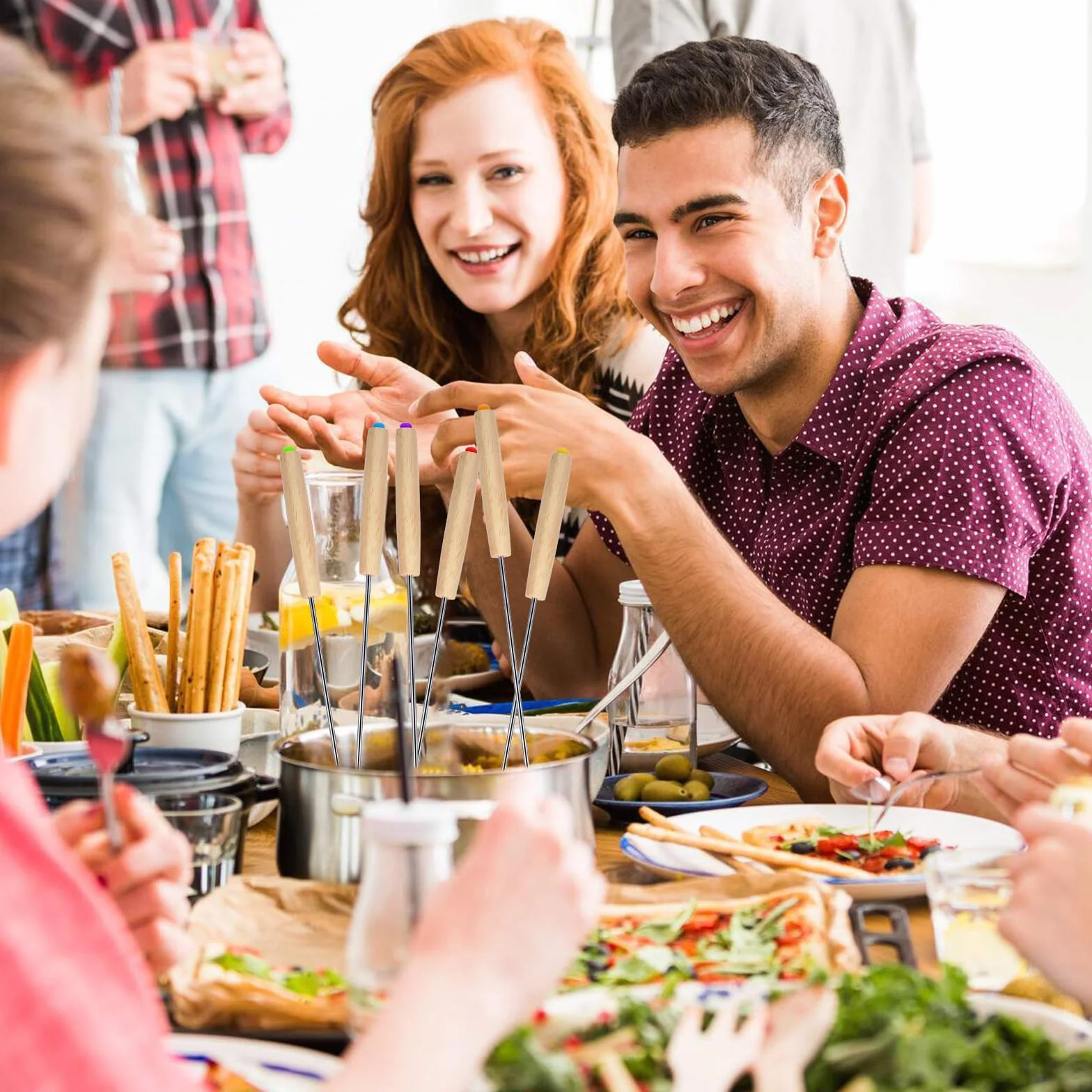 12 widelców do grilla, ze stali nierdzewnej, widelce do fondue, ze stali nierdzewnej, widelce do fondue z drewnianym uchwytem, do owoców, warzyw, sera, czekolady, fondue, pieczonych, srebrnych