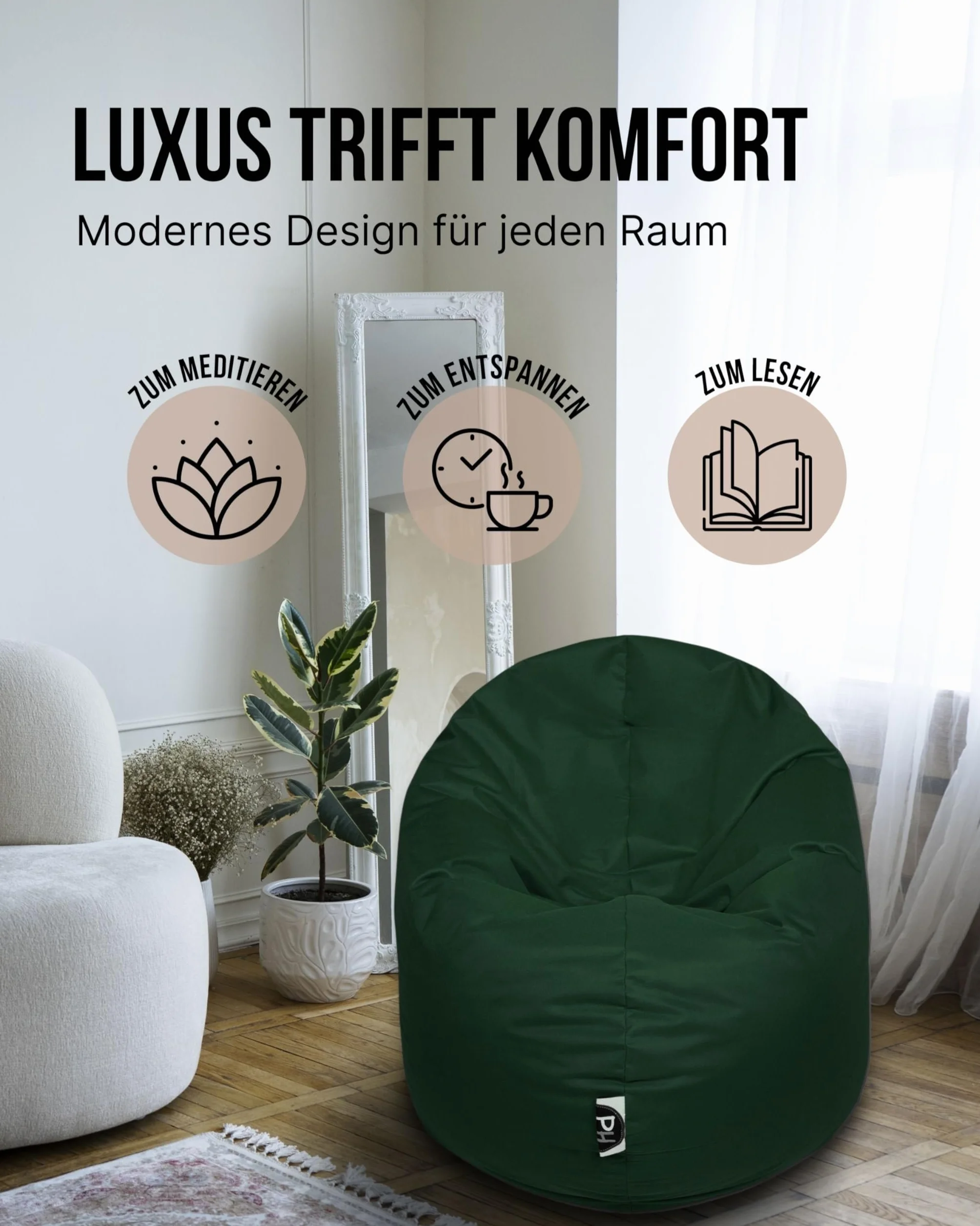 Patchhome Bean Bag worek/poduszka do siedzenia 2 w 1, średnica 100 cm, kolor ciemnozielony optymalnie napełniona