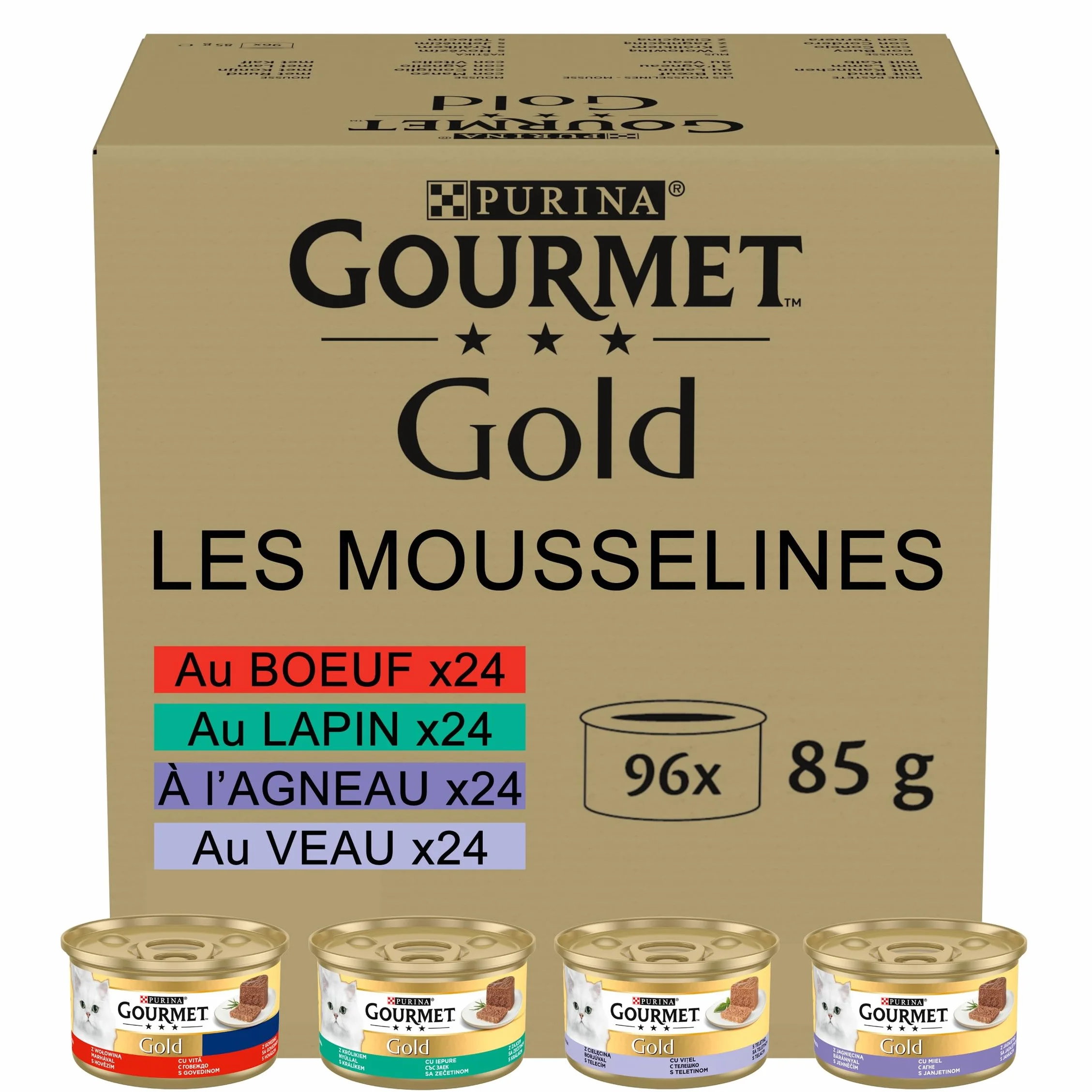 GOURMET GOLD | Karma mokra dla dorosłych kotów | Mus z Wołowiną, Królikiem, Jagnięciną, Cielęciną | 96x85g