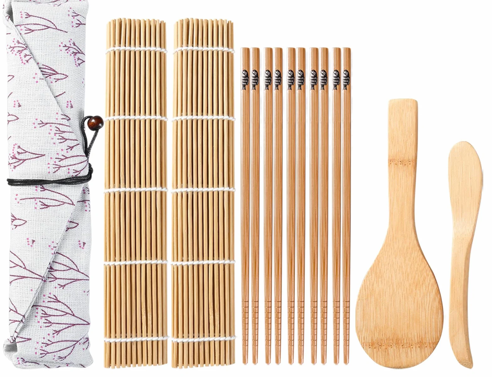 Kompletny Zestaw do Sushi - 10 Bambusowych Elementów, 2 Maty, Łyżka do Ryżu, Nóż, 5 Par Pałeczek, Woreczek z Tkaniny - DIY