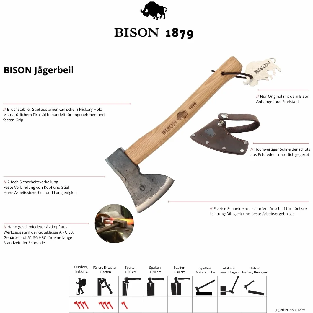 Bison Topór myśliwski 1879 500g I uniwersalny o długości 330 mm do leśnych, kempingowych i outdoorowych I ręcznie kuty I potrójny klin bezpieczny z ochroną na przecięcie skóry naturalnej