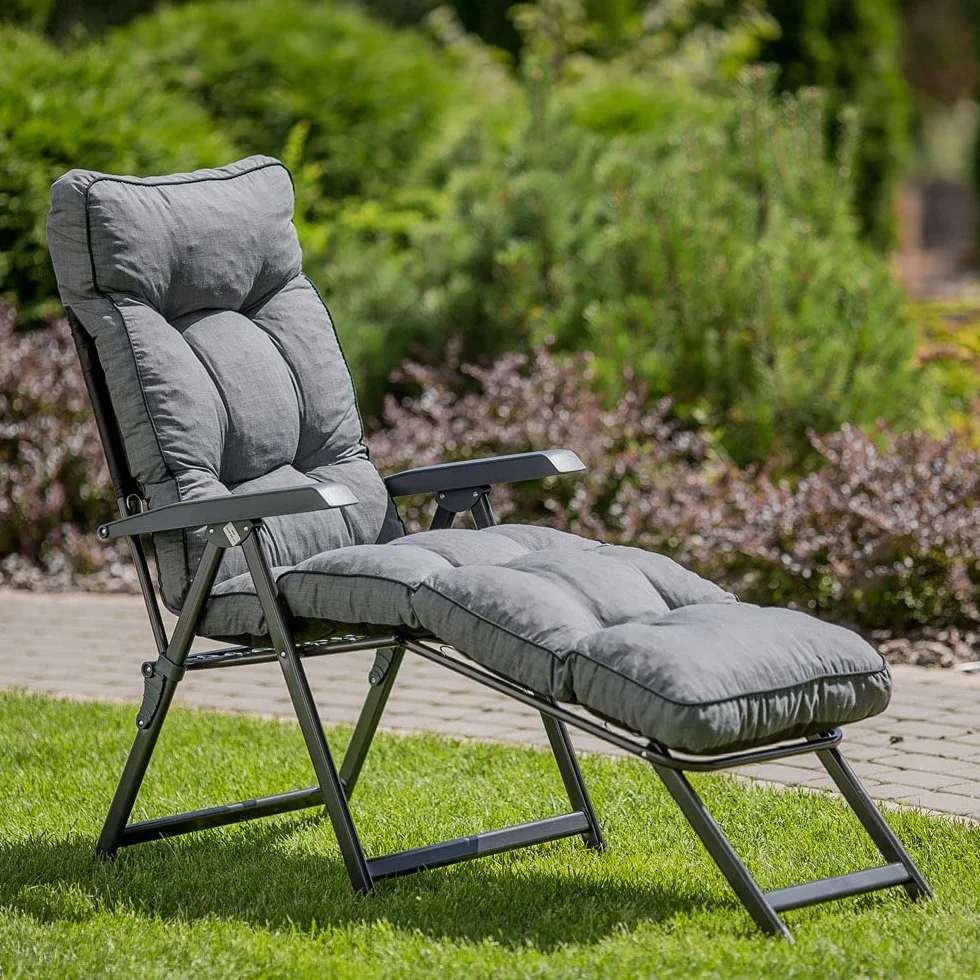 PATIO Leżak ogrodowy z podnóżkiem Lena Lounger rozkladany podłokietniki szary poduszka