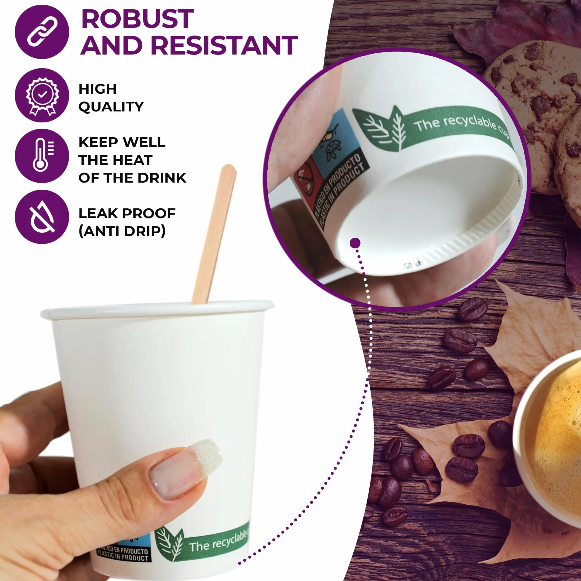 GoBeTree 200 szt. jednorazowych kubków do kawy 240 ml / 8 uncji, jednorazowe białe kartonowe kubki papierowe z drewnianymi paletami do kawy, zimne i gorące napoje.