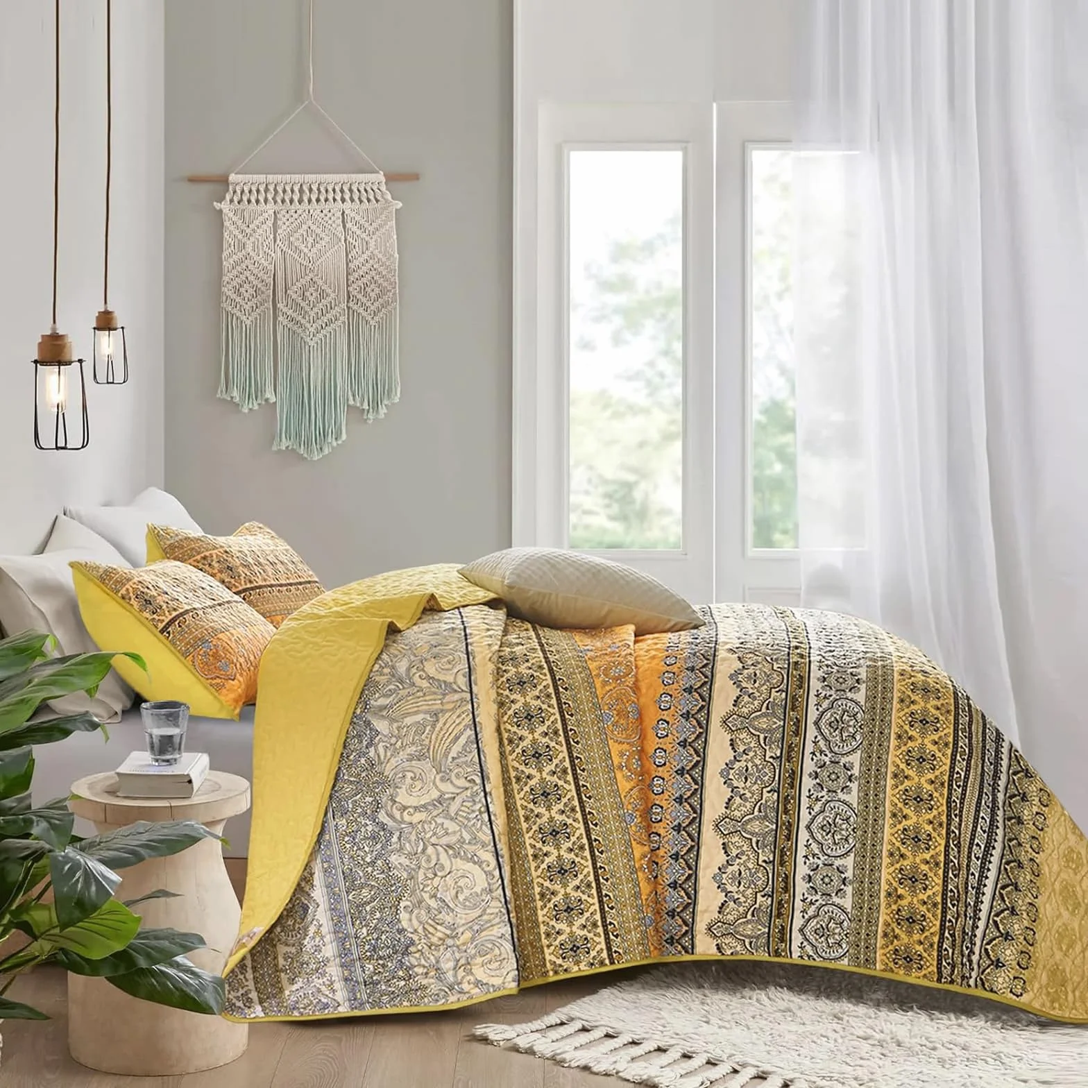 WONGS BEDDING Żółto-pomarańczowa kołdra boho w rozmiarze king size, lekka kołdra z mikrofibry, dekoracja łóżka na każdą porę roku, 260 x 229 cm (3 sztuki)