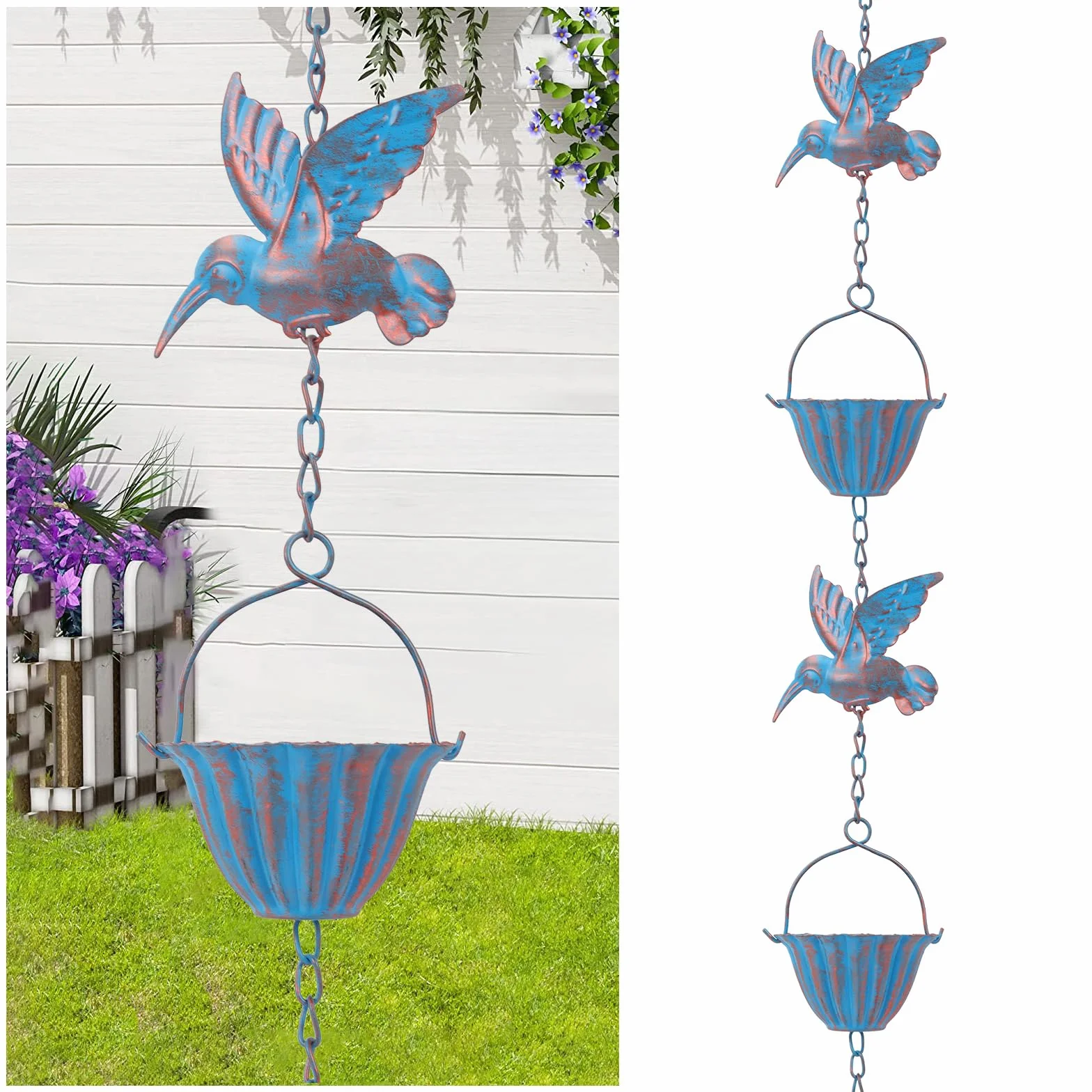 Łańcuch przeciwdeszczowy z kolibrem, 2,4 m, metalowy łańcuch spustowy w kolorze retro, 7 ptaków i 7 filiżanek, łańcuch przeciwdeszczowy Hummingbird, metalowy łańcuch przeciwdeszczowy do rynien