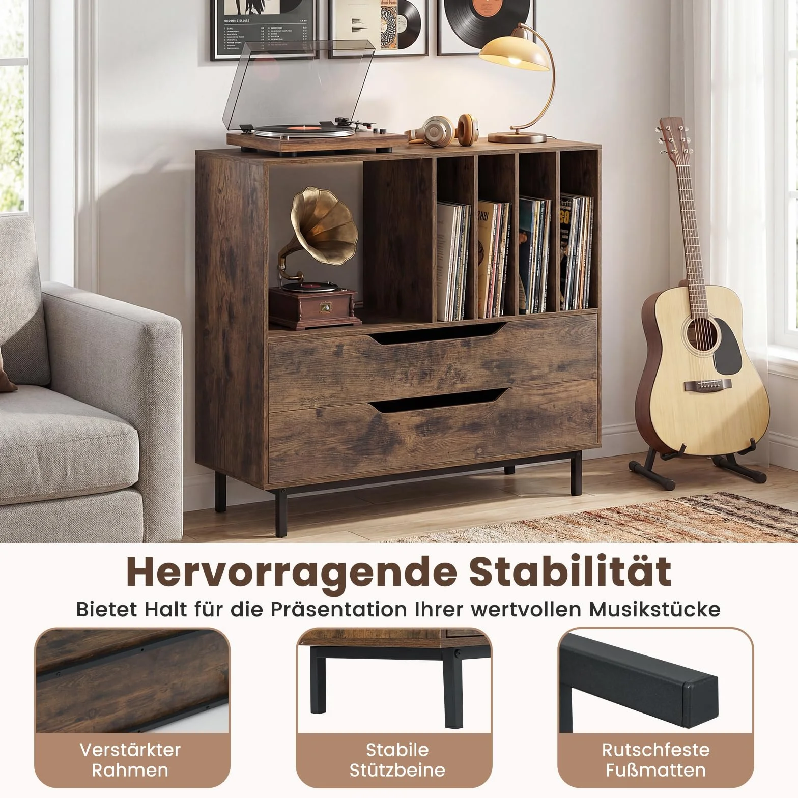 COSTWAY Stojak na Gramofon w Stylu Retro, Szafka na Płyty Winylowe z Otwartą Półką, 4 Przegrody na Winyle i 2 Szuflady, Stół Muzyczny do Salonu i Sypialni, Brązowy