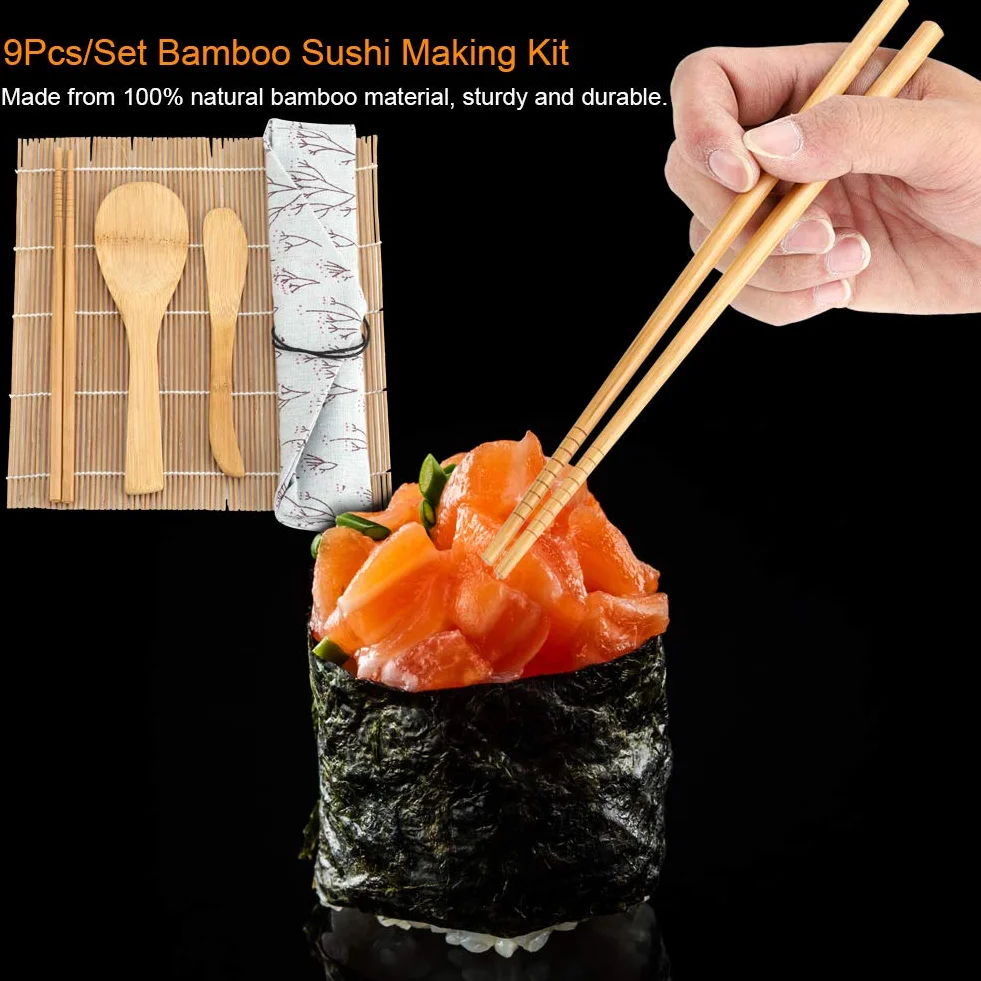 Bambusowy zestaw do robienia sushi Zestaw wałków do Sushi zawiera 2 rolki 5 pałeczek 1 paletę 1 arkusz sushi do użytku domowego