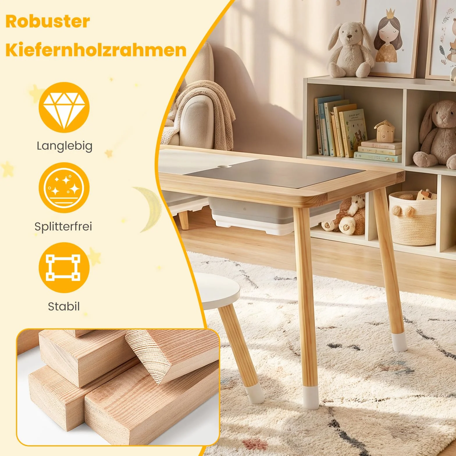 COSTWAY Stół do zabawy dla dzieci 6 w 1, stół sensoryczny z dwustronnym blatem i 2 składanymi pojemnikami, stół dziecięcy Montessori z 2 krzesłami, stół do wody i piasku dla dzieci od 3 lat (okrągły)