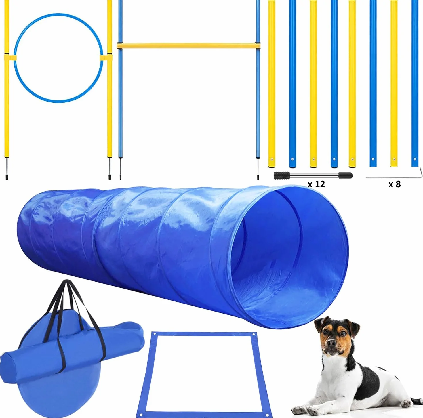 Zestaw agility dla psów, 8 przeszkód, tunel, pierścień, torba
