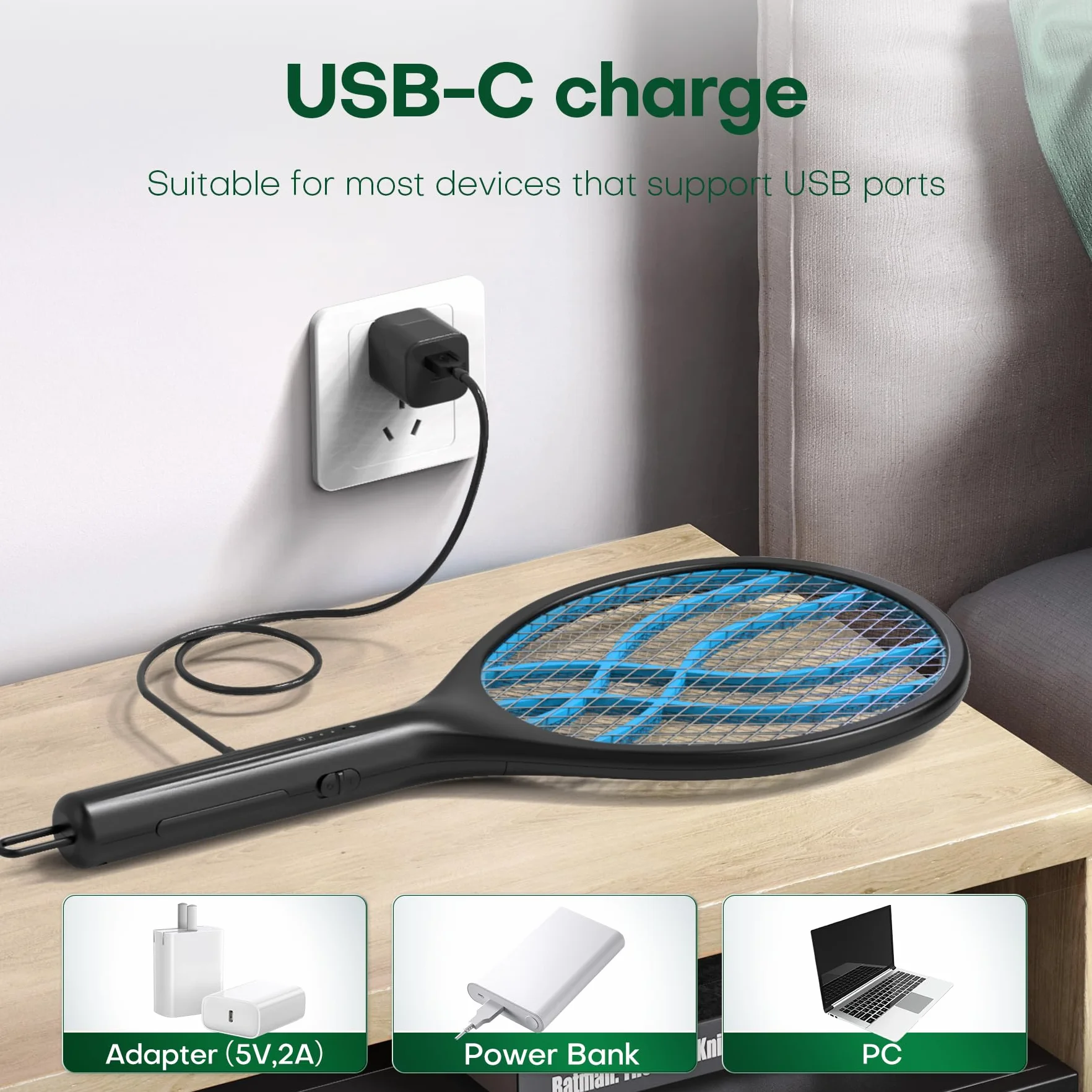 VEGREM Elektryczna Łapka na Muchy, 4000V, lampka sygnalizacyjna zasilania, akumulator 1500mAh z możliwością ładowania przez USB-C, 3-warstwowa siatka ochronna, lina do zawieszenia