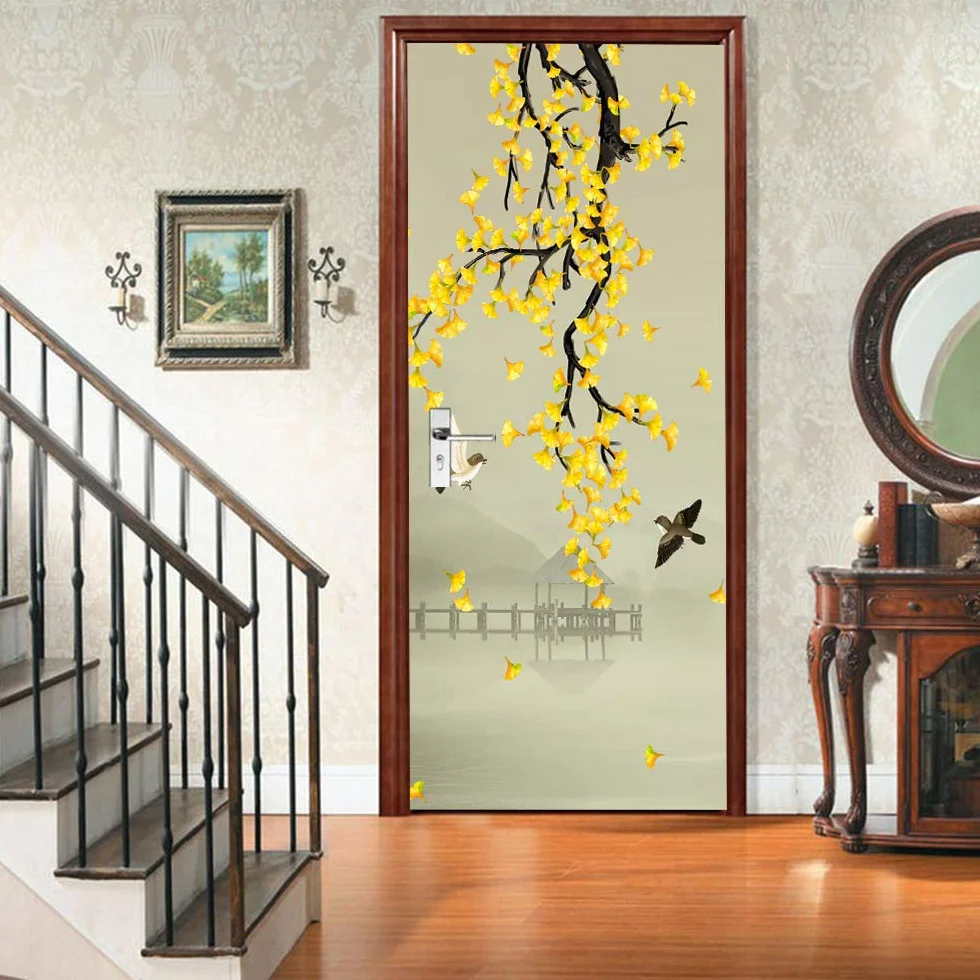 Tapeta na drzwi 3D, samoprzylepna, kwiaty, drzewa i ptaki, szer. 90 x wys. 200 cm, 3D, naklejka na drzwi, fototapeta, PCW, obraz na drzwi, winyl, wodoszczelna, usuwalna, naklejka na ścianę, dekoracja