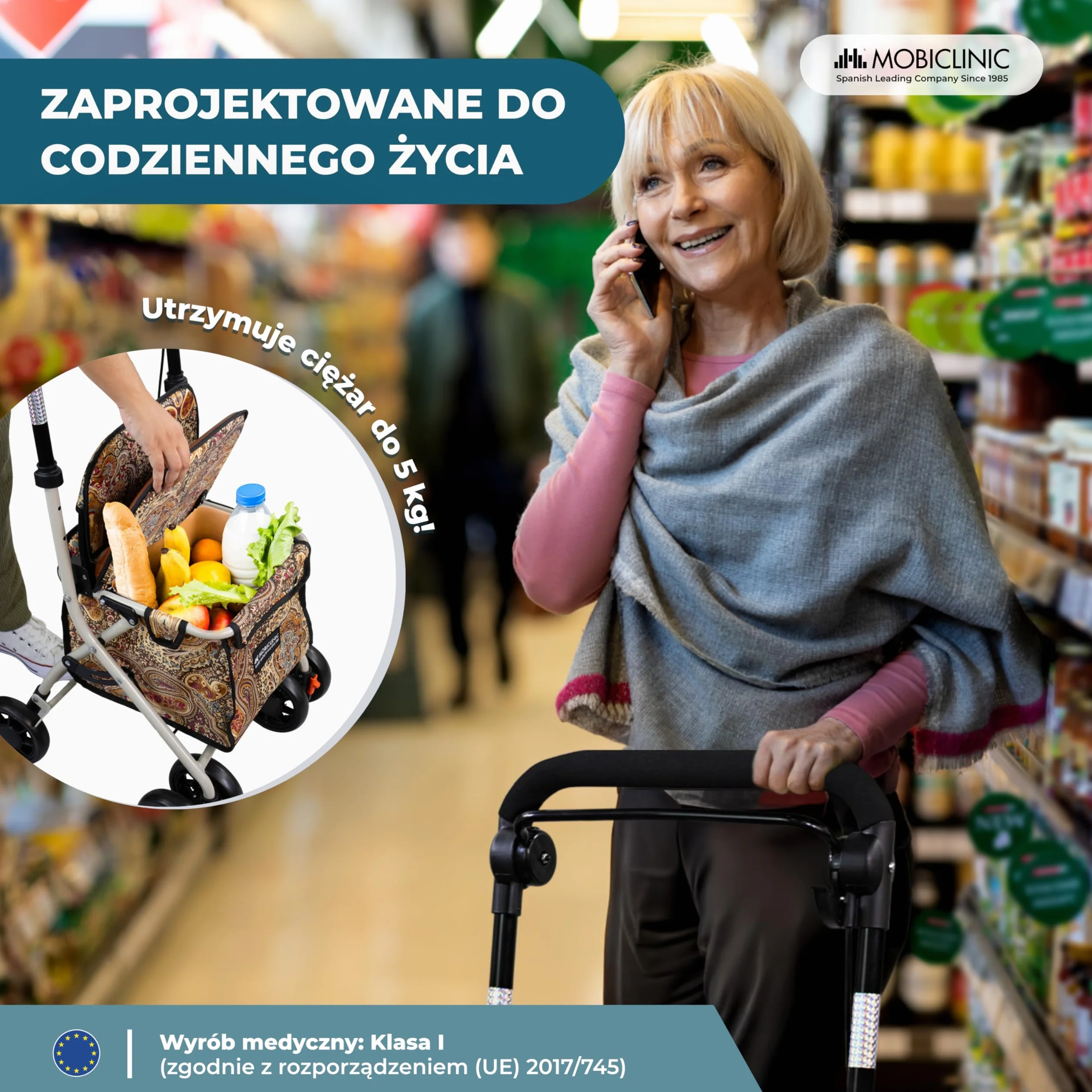 Mobiclinic®, Wózek Spacerowy Składany, Wózek na Zakupy z Siedziskiem, 21 L, Chodzik, Pojedyncza Dźwignia, Stal, Duży Kosz, Oparcie i Wyściółka, System Hamowania, Koła 360º, Coliseo