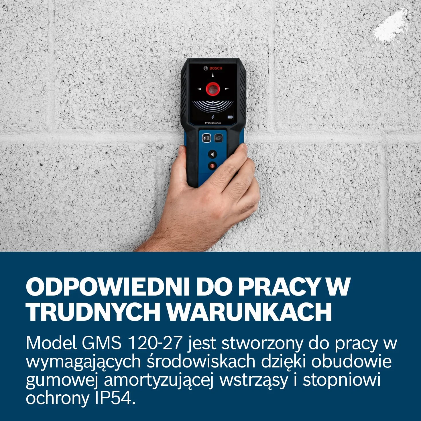 Bosch Professional: detektor GMS 120-27(przewód USB-C, maks. głębokość detekcji metali niemagnetycznych/metali magnetycznych/przewodów pod napięciem/drewna: 120/100/50/30 mm, 2 baterie AA, pokrowiec)