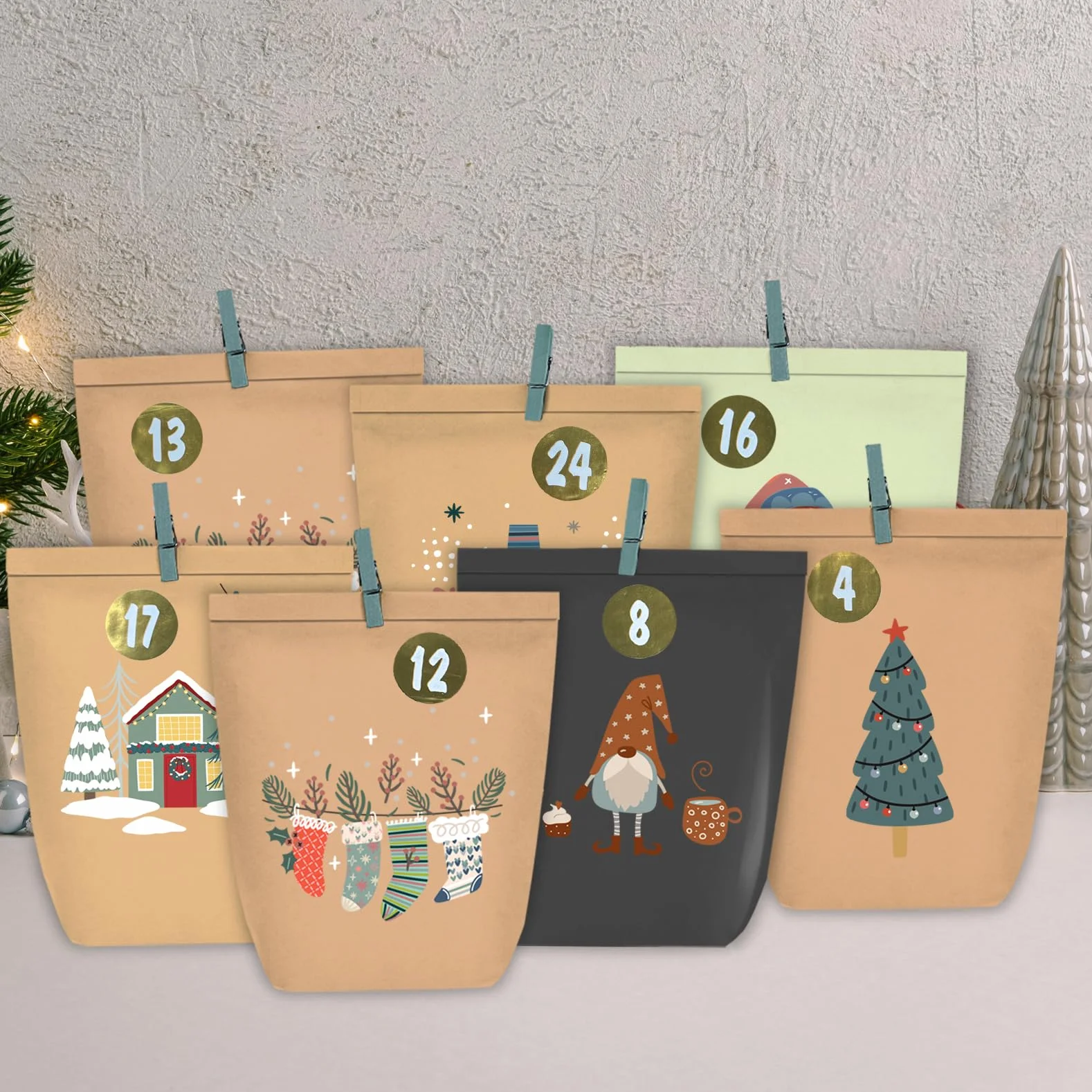 Kalendarz adwentowy do napełniania, 24 papierowe torebki kalendarza bożonarodzeniowego z naklejkami z cyframi do samodzielnego robienia, torebki na prezenty adwentowe dla dzieci i dorosłych