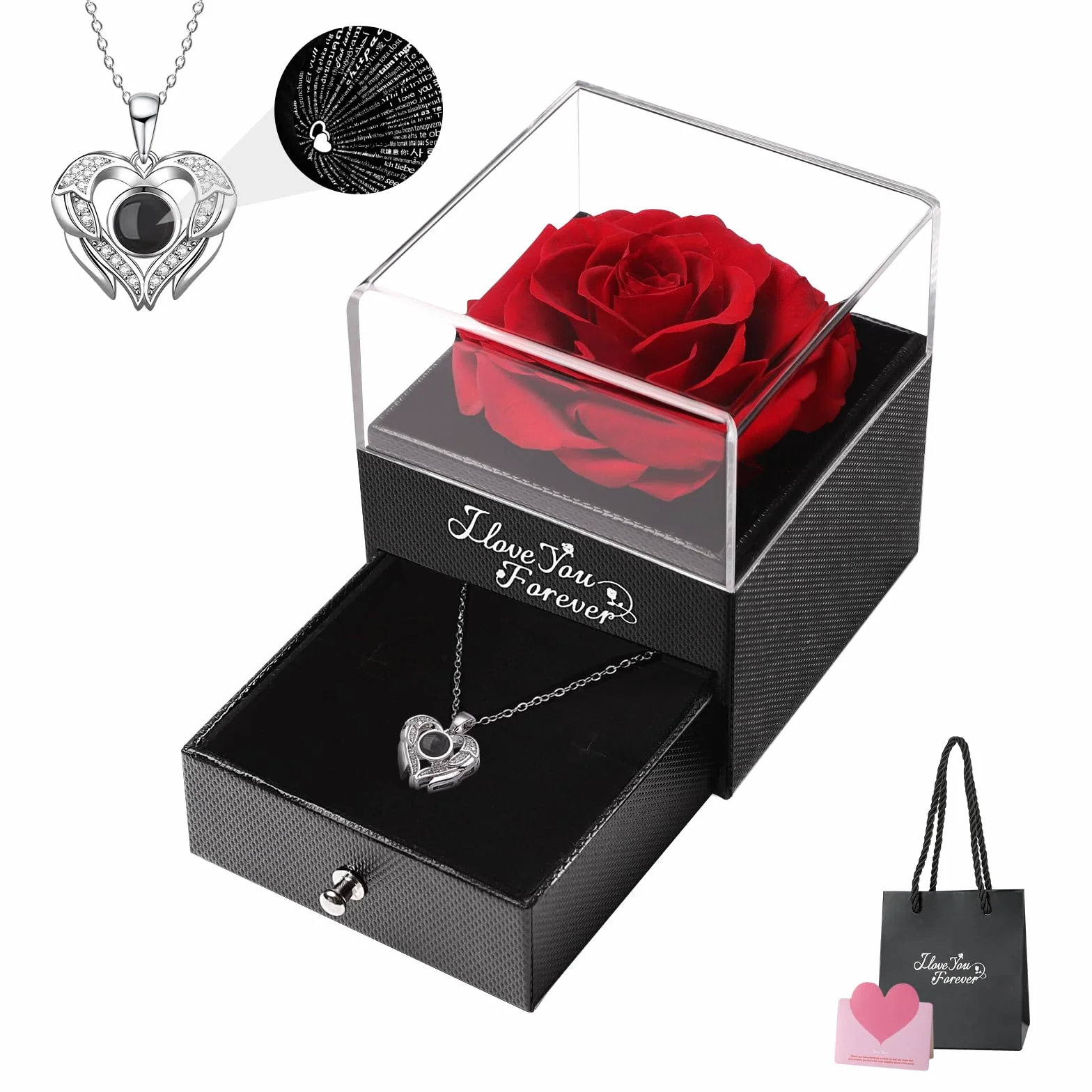 Emibele Preserved Real Red Rose, Eternal Rose & Heart Necklace with I Love You in 100 Languages Romantic Gifts for Women Mom Wife Girlfriend on Christmas Valentines Mothers Day Birthday Anniversary