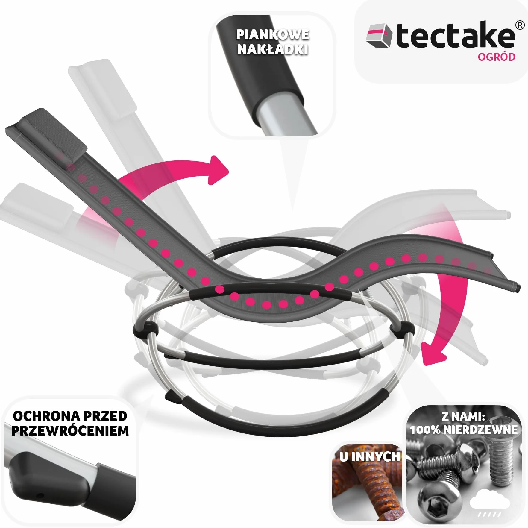 tectake® Ogrodowy Fotel Bujany, Ergonomiczny Składany Leżak z Oddychającym Materiałem Textilene i Zdejmowaną Poduszką, Solidna Stalowa Rama, Ochrona przed Wywróceniem (Szary)