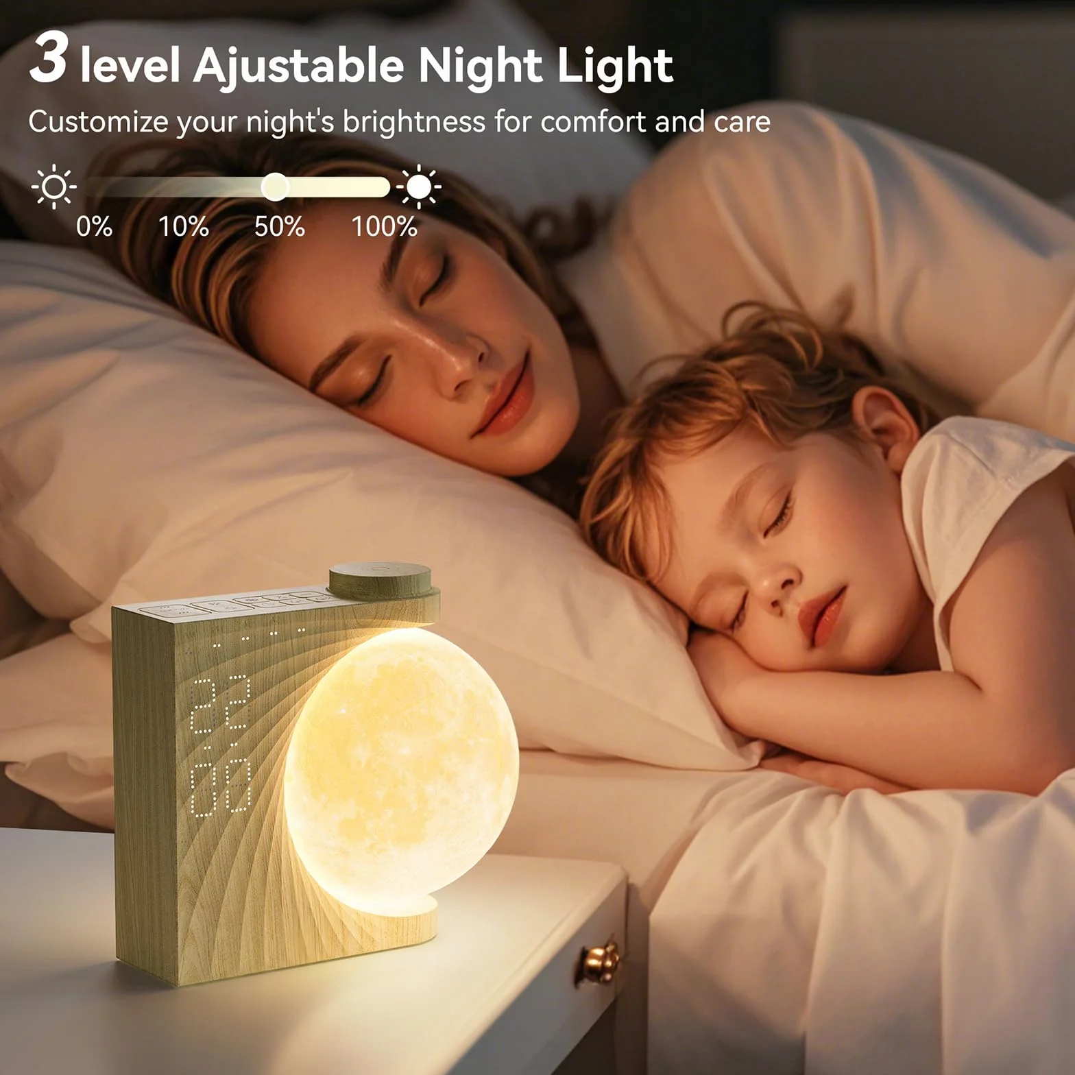 RETEYUNG Lampa księżycowa 3D z automatyczną rotacją, budzik dziecięcy z 8 kolorami RGB, światło księżyca, budzik ze światłem dziennym z 10 naturalnymi dźwiękami, prezent dla kobiet, dziewcząt i