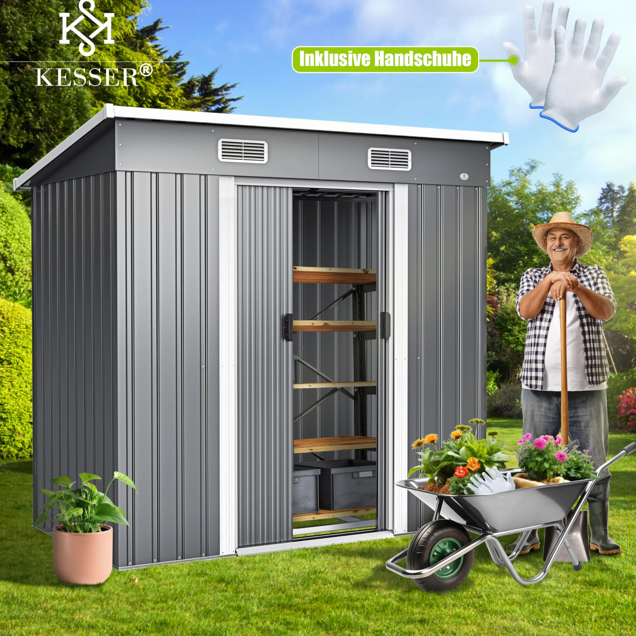 KESSER® - Domek na narzędzia L metalowy 4 m³ z fundamentem | 210 x 132 x 186 cm | 2 x drzwi przesuwne i fundament | szopa na narzędzia | szopa ogrodowa | szopa ogrodowa | dach jednospadowy szopa