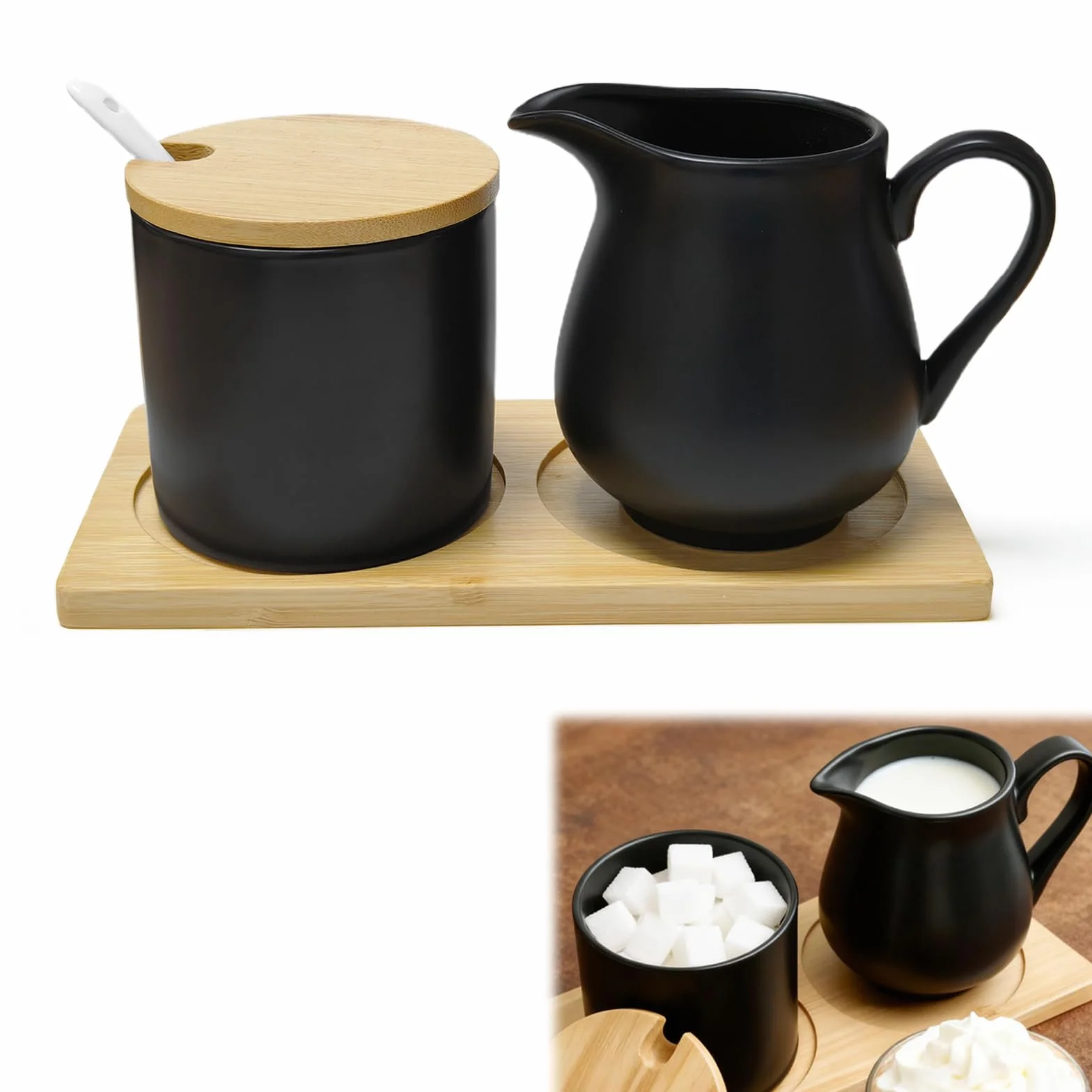 Zestaw do mleka i cukru z pokrywką i łyżeczką, ceramiczny mlecznik i cukiernica z drewnianym podtacznikiem, zestaw do mleka i cukru do kawy, mleczka odporna na mikrowfalę i zmywarkę