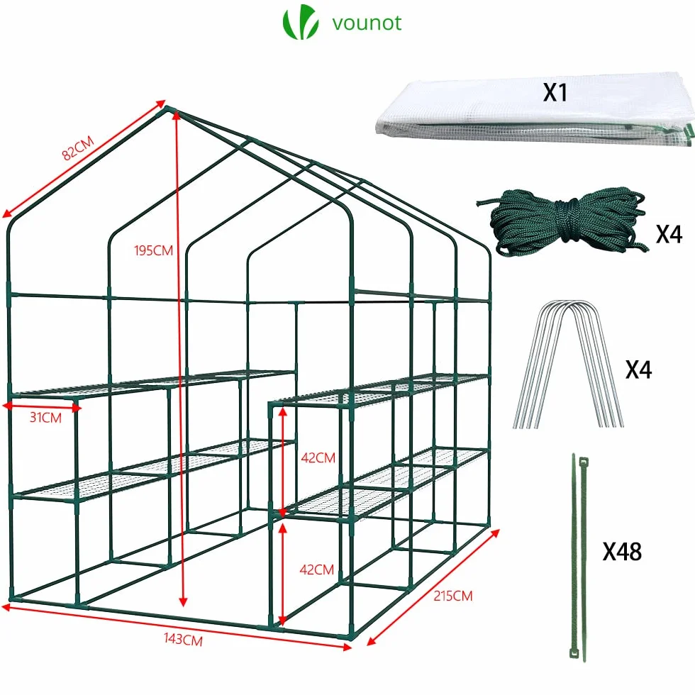 VOUNOT PE szklarnia ogrodowa z półkami 3 poziomami szklarnia ogrodowa do warzyw kwiaty wzmocniona plandeka 135g/m2 chroni rośliny o każdej porze roku 143x215x195cm