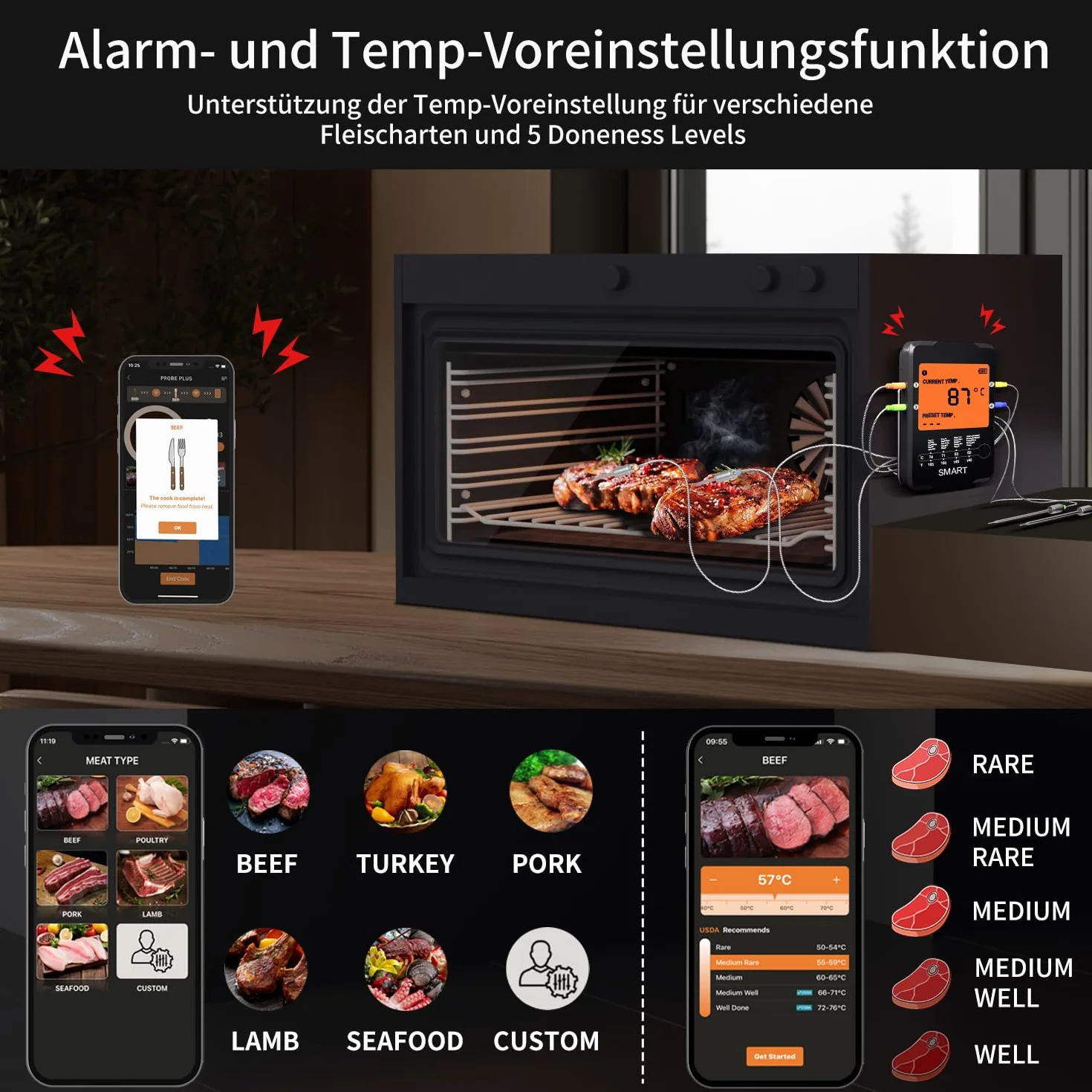 Uzone Termometr do mięsa, cyfrowy termometr Bluetooth, bezprzewodowy termometr z aplikacją 100 m, zdalny monitoring, termometr do piekarnika, smażenia, BBQ, podświetlenie ekranu LCD, 4 sondy