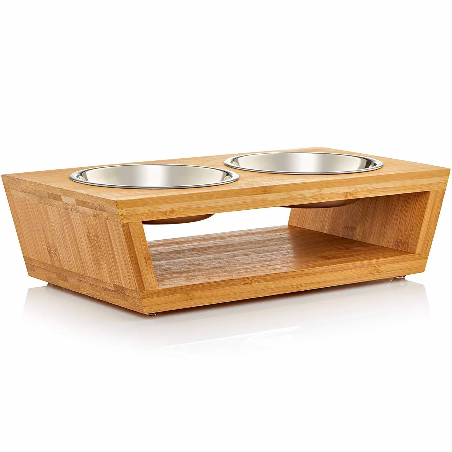 Podwyższony dozownik karmy dla kotów i małych psów z bambusa z 4 miskami ze stali nierdzewnej 2x350 ml 2x600 ml 10x35,5x18 cm