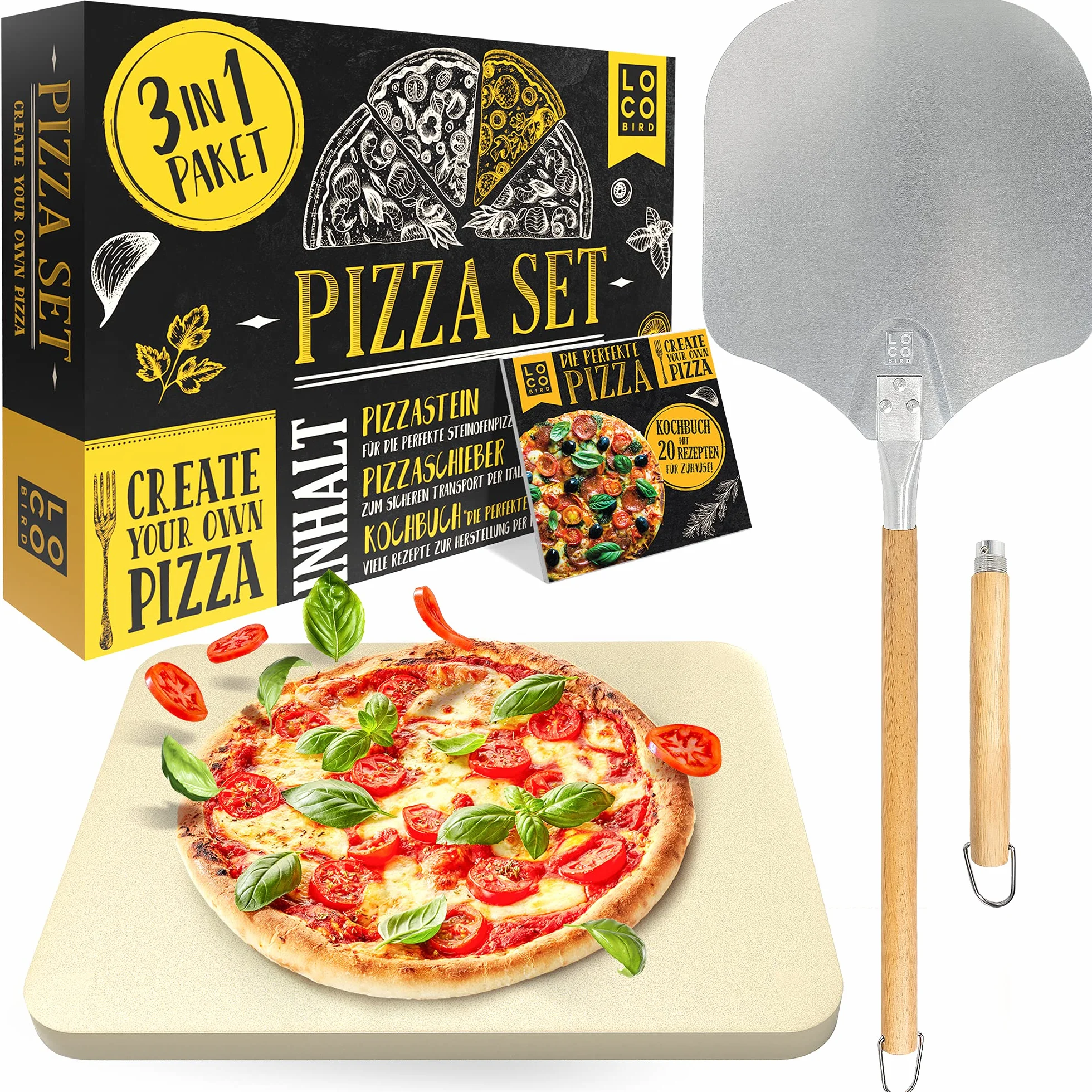 Loco Bird kamień do pizzy, łopatka do pizzy, grilla gazowego, w zestawie 3 szt., prostokątny z kordylierytu, do chrupiącej podłogi
