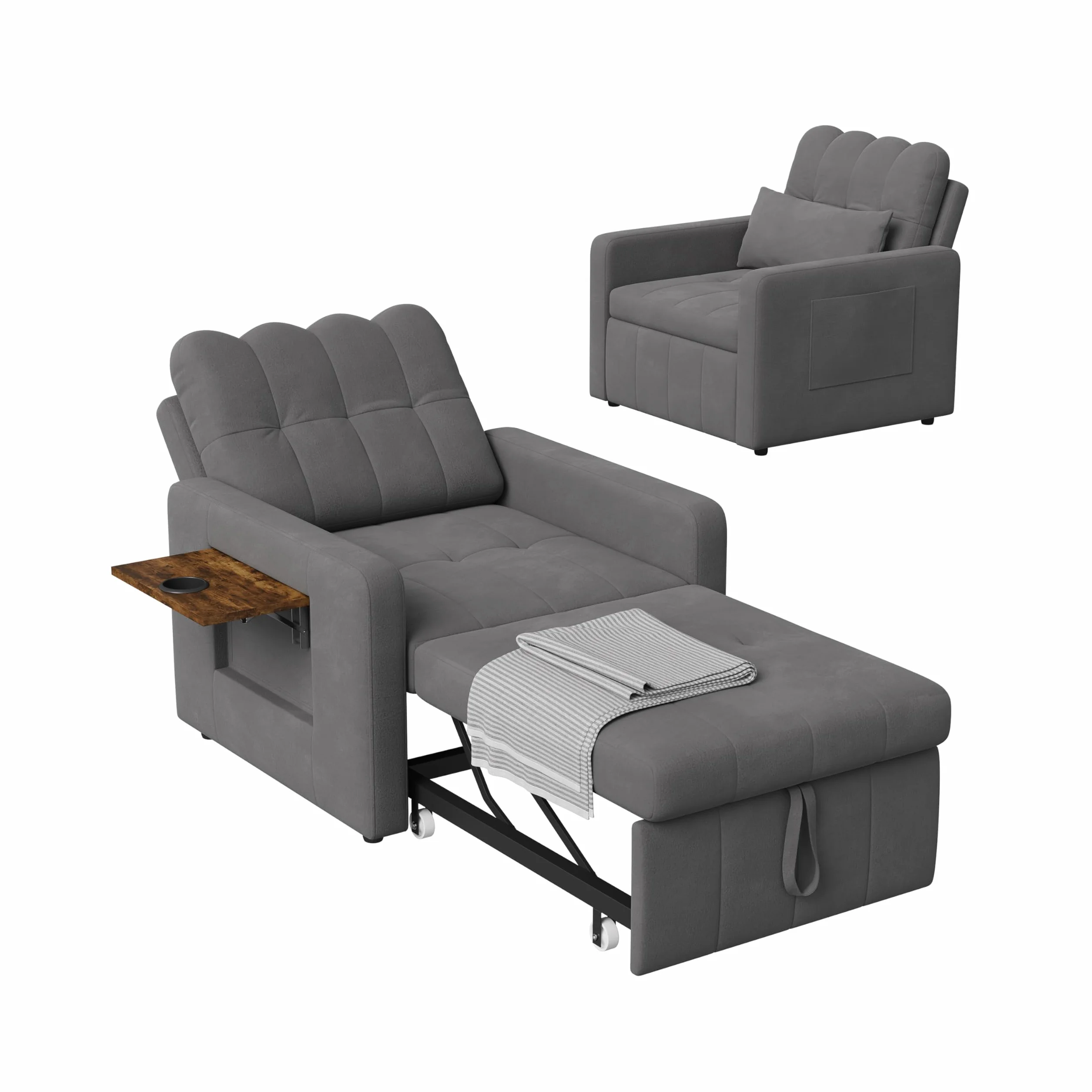 Mała sofa z funkcją spania 3 w 1, rozkładane łóżko 190 cm z kieszenią boczną, fotel do spania, fotel relaksacyjny, rozkładana sofa, taboret do spania z funkcją łóżka do 200 kg, szary materiał