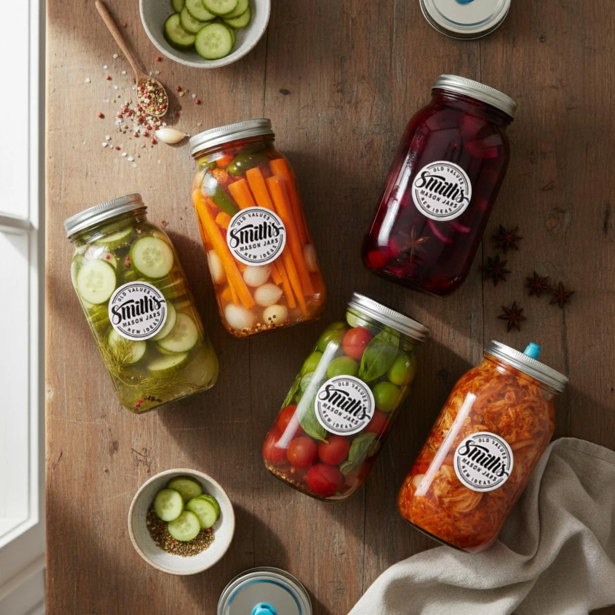 Smiths Mason Jars 2-pak fermentacyjnych słoików z przezroczystego szkła o pojemności 1 litra z pokrywkami, obciążnikami i dodatkowymi pokrywkami - idealne do przechowywania owsa, kimchi, pikli