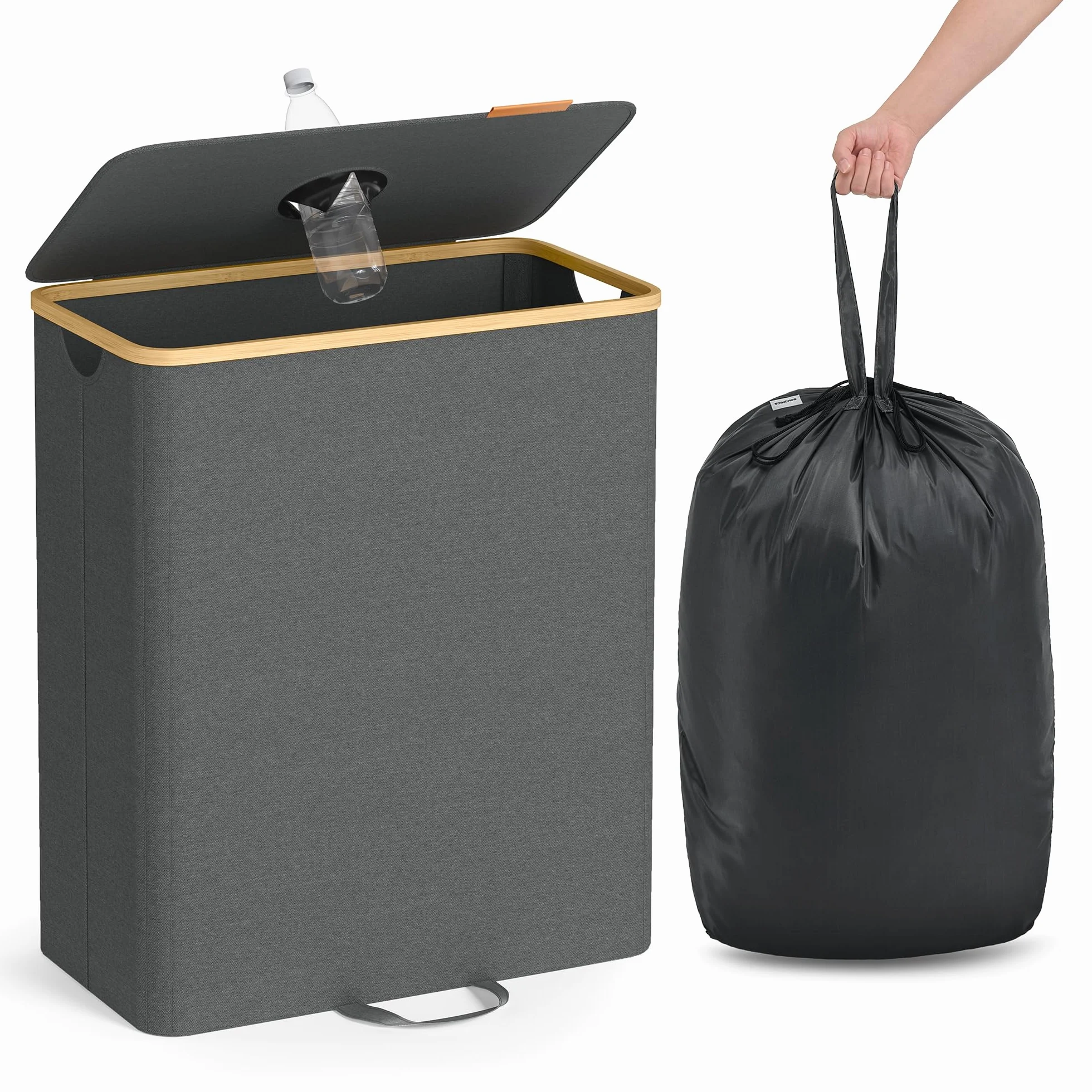SONGMICS Pojemnik na butelki z kaucją, 135 l, pojemnik na butelki z kaucją, pojemnik na butelki, pusty pojemnik z recyklingu, z otworem, pokrywką, worek wewnętrzny z uchwytami, kuchnia