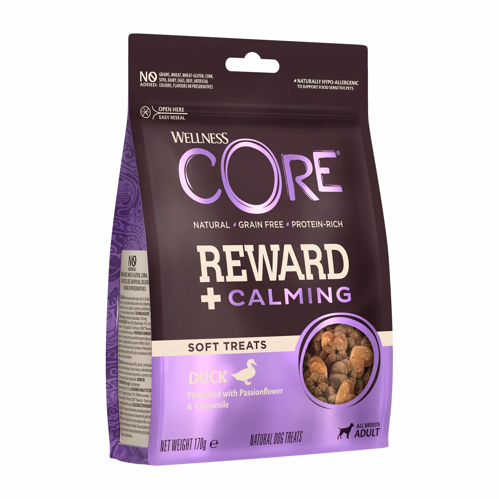 Wellness CORE Reward+ Wyciszenie 170g Kaczka i Rumianek Miękkie Przysmaki dla Psów Bezzbożowe Hipoalergiczne