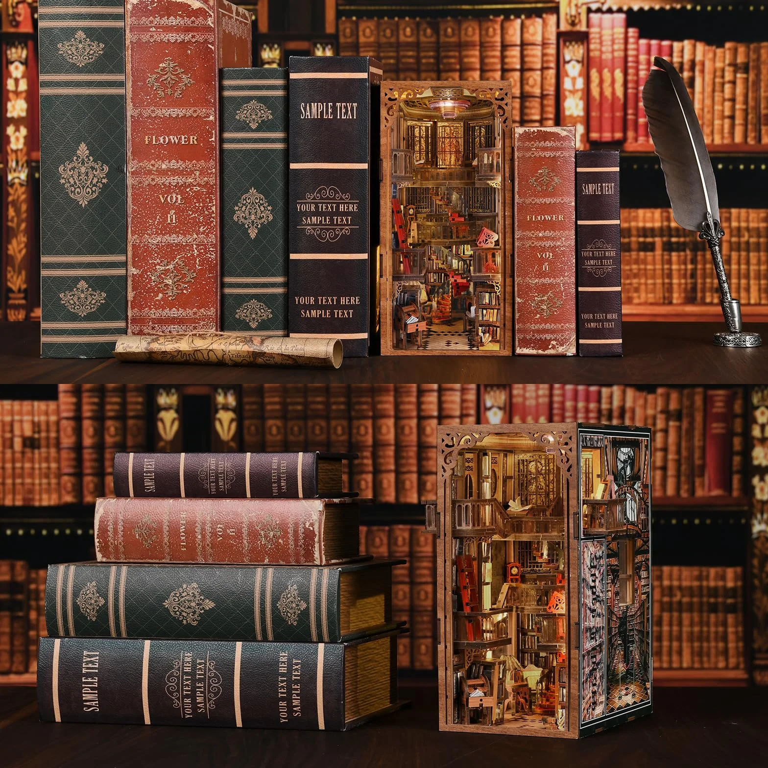 Zestaw MiniCity Book Nook, zestaw DIY do miniaturowego domku dla lalek Booknook, 3D puzzle z drewna, wkładka do książek, regał, dekoracja dla młodzieży i dorosłych (Biblioteka Abbey)