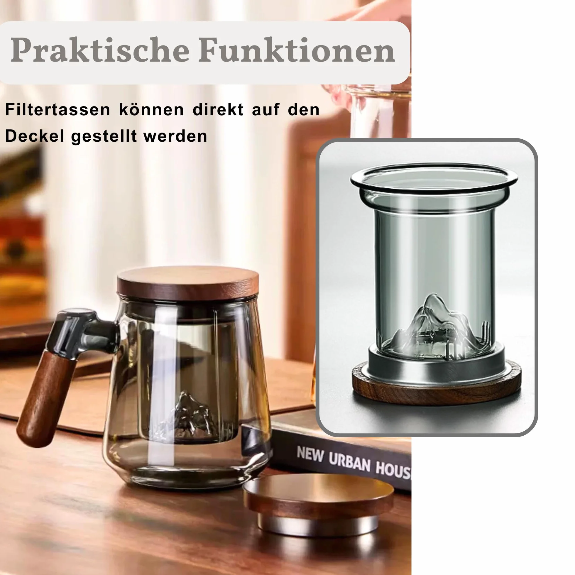 JanYoo Filizanka do herbata z pokrywką i sitkiem, 500 ml, duży drewniany uchwyt, kubek do herbata ze szkła borokrzemowego