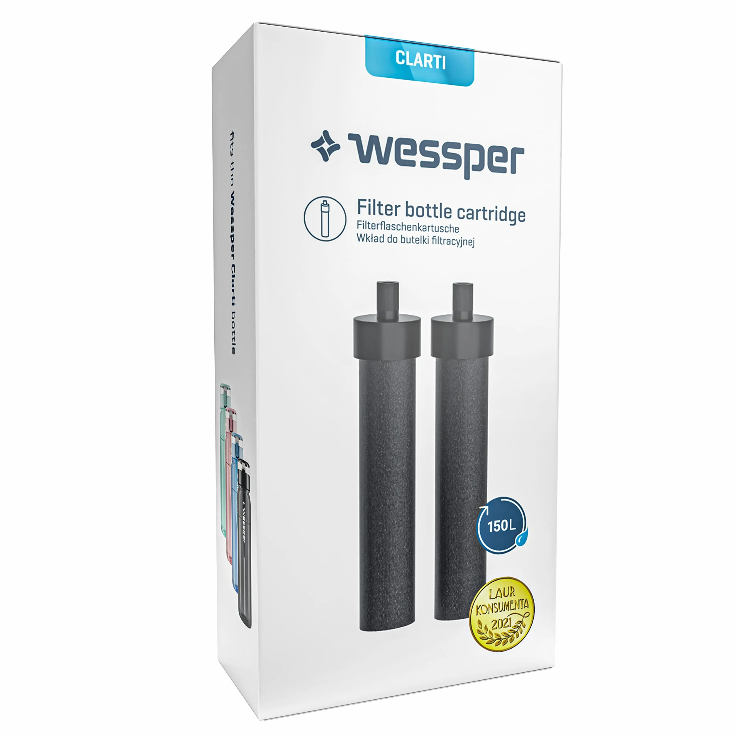 Wessper Clarti Filtr do Wody, 2-pak Filtr do Butelek Tritanowych do Picia Wessper Redukuje Chlor, Mikrocząsteczki i Inne Substancje Zakłócające Smak w Wodzie Kranowej