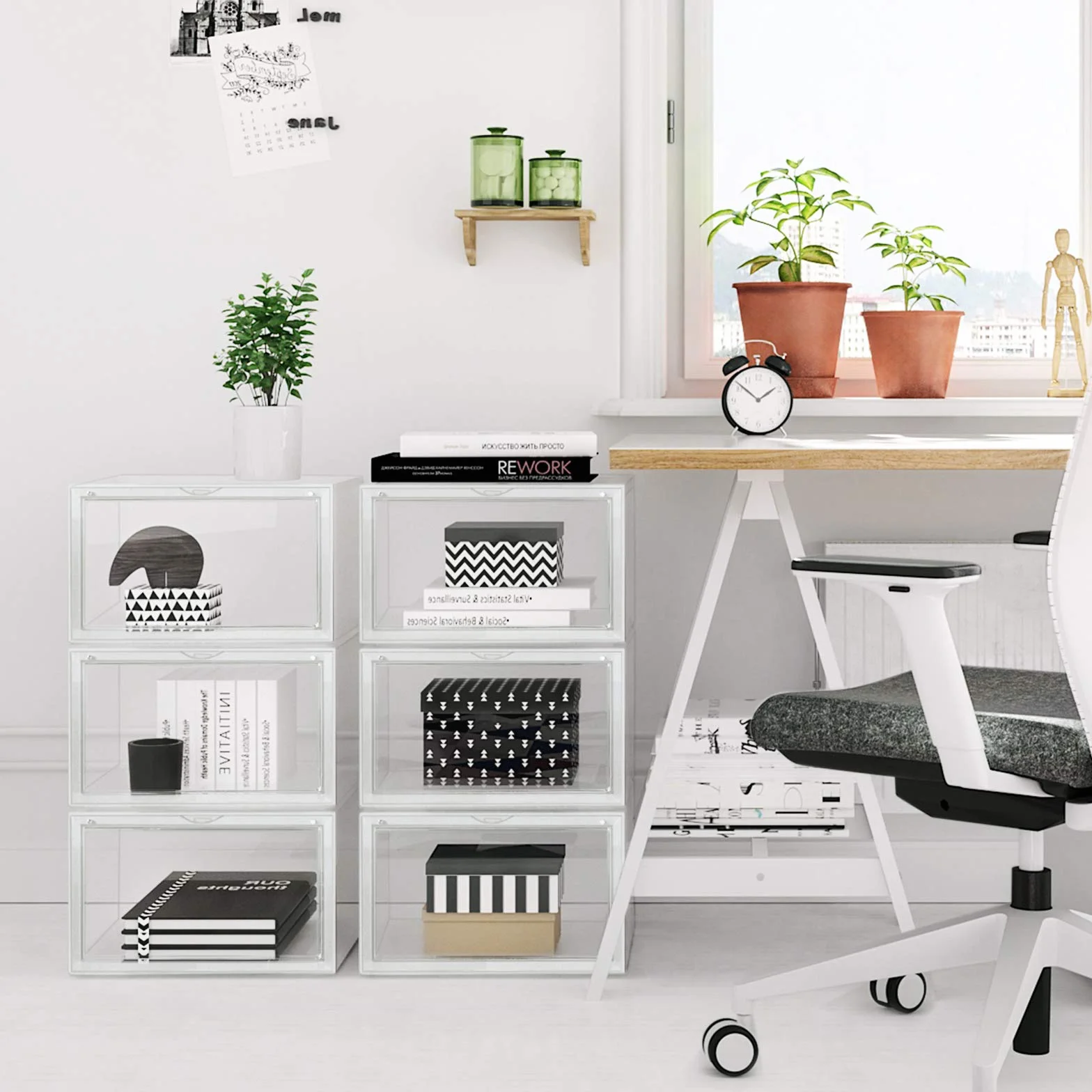 SONGMICS pudełka na buty, 3 organizery na buty z przezroczystymi drzwiami, plastikowe pojemniki na buty do rozmiaru 46, 36 x 28 x 22 cm, przezroczyste, LSP03CW