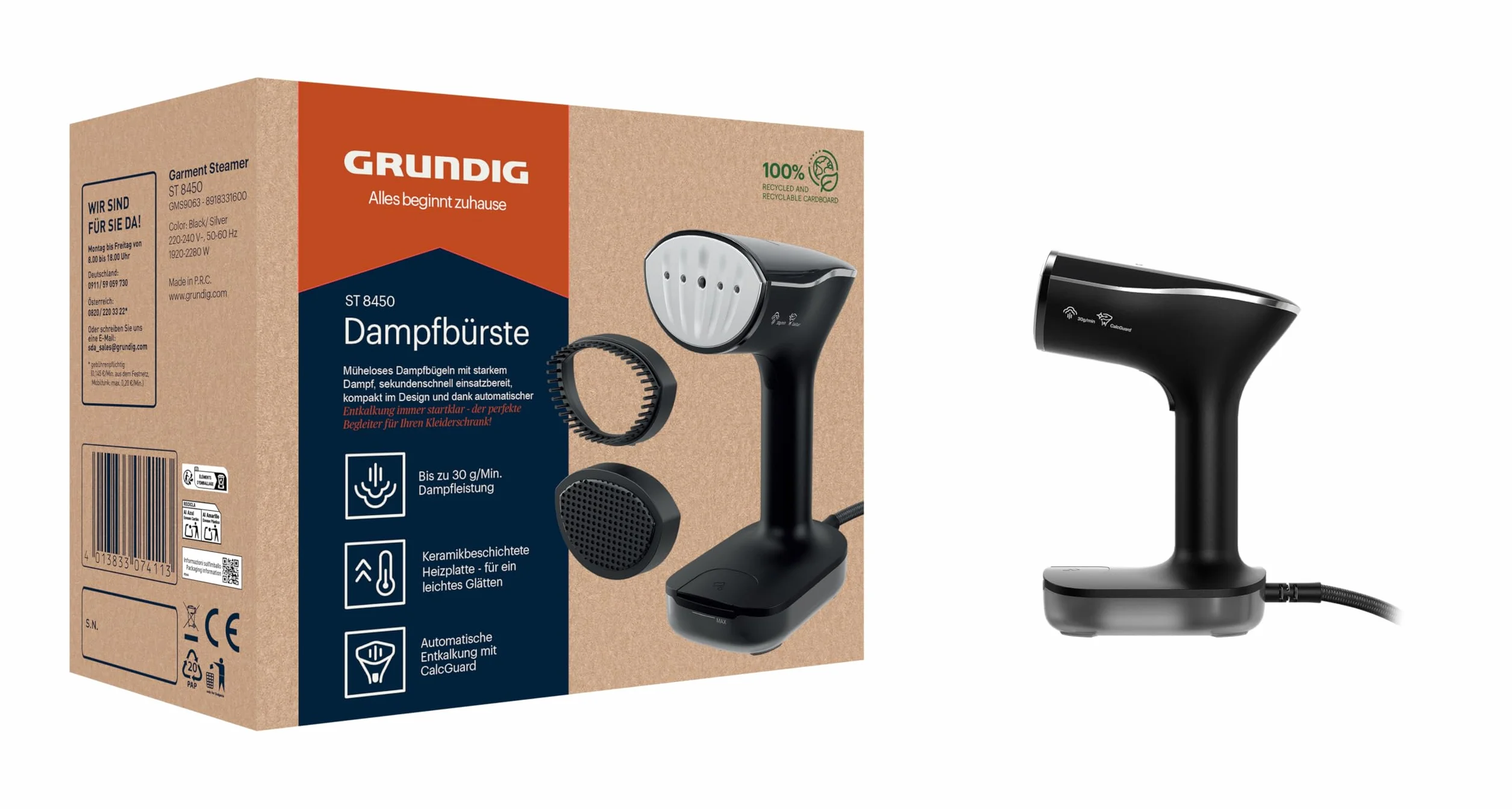 Grundig ST 8450 szczotka parowa o mocy 2280 W, płyta ceramiczna, CalcGuard i 30 g/min – kompaktowa, szybka i idealna w podróży