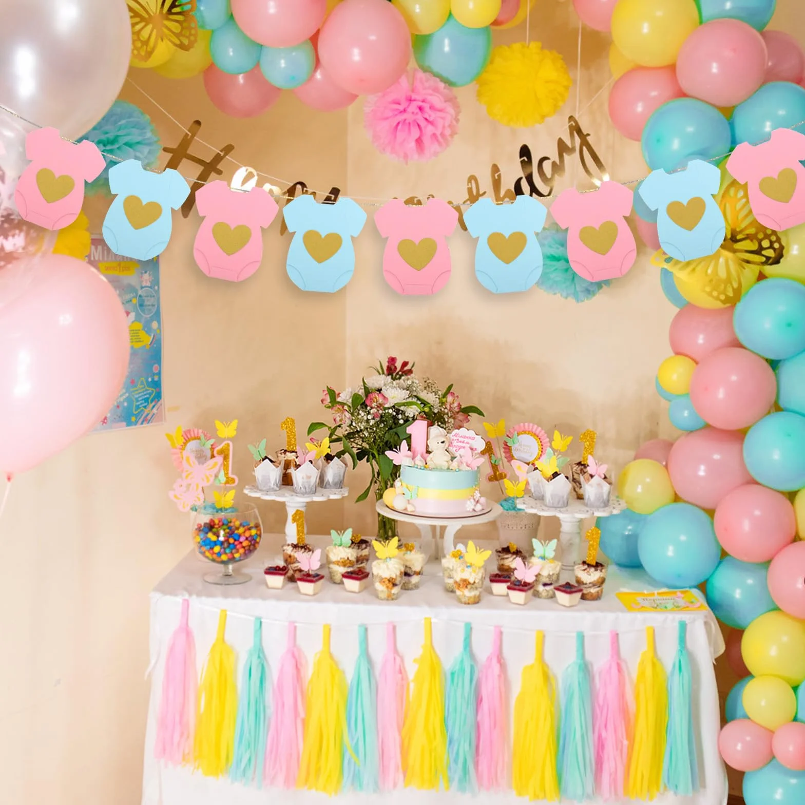 Niebiesko Różowa Papierowa Girlanda na Baby Shower, Body z Krótkim Rękawem Girlanda Sznurku do Bielizny Baner z Informacją o Płci Dziecka Dekoracja na Powitanie Noworodka (Niebieski, Różowy)