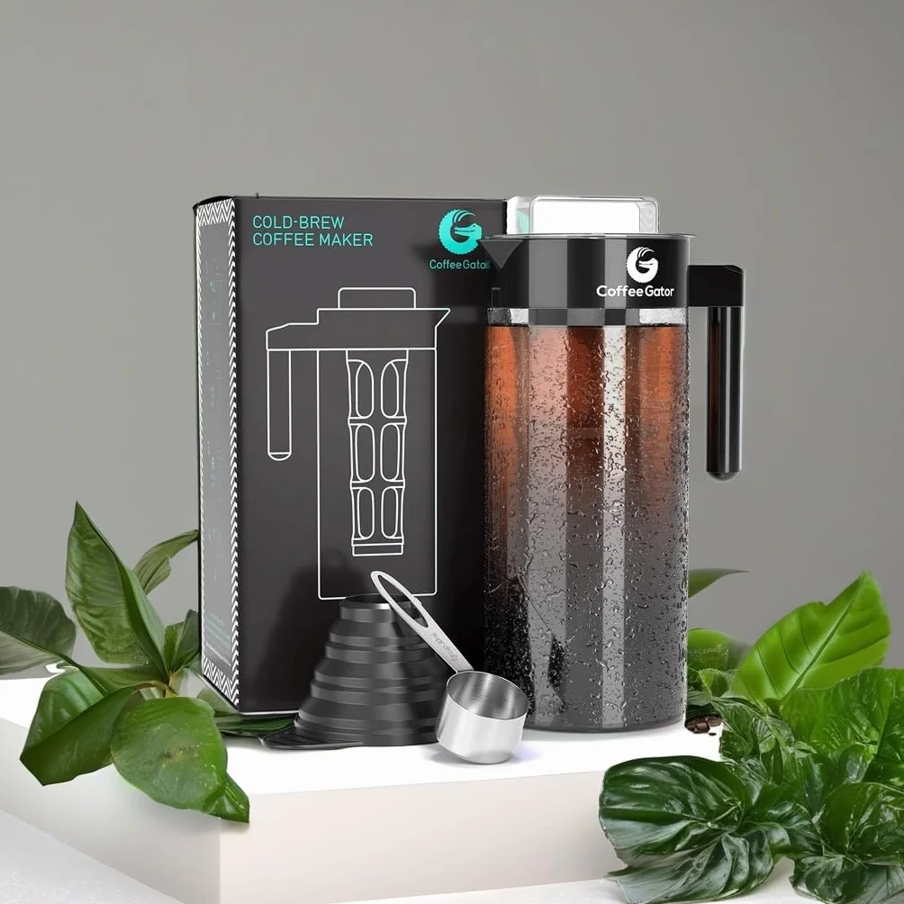 Coffee Gator Ekspres do kawy Cold Brew, filtr bez BPA i szklana karafka, zestaw do parzenia z miarką ze stali nierdzewnej i składanym lejkiem załadunkowym, czarny, 1,4 l