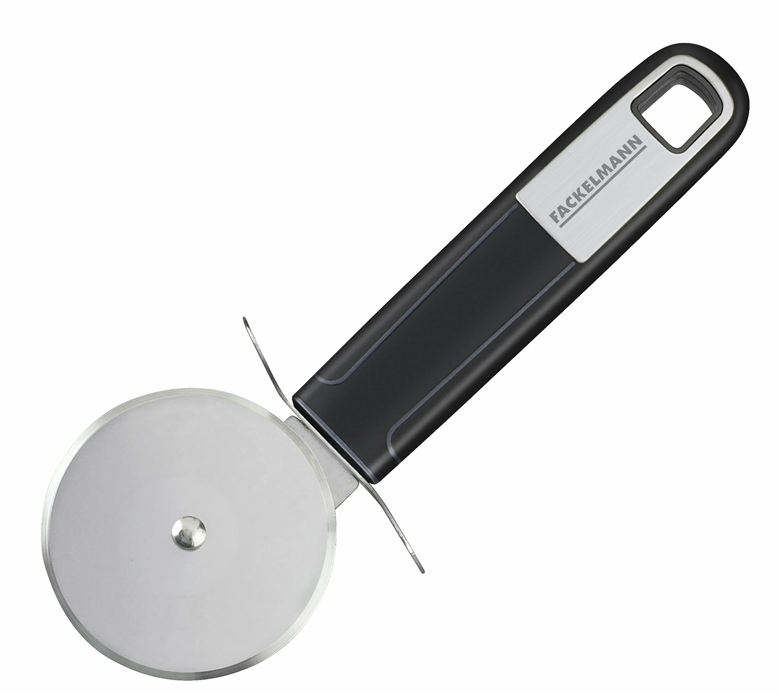 FACKELMANN Nóż do pizzy 18 cm Sense, wałek do pizzy ze stali nierdzewnej z antypoślizgowym i ergonomicznym uchwytem Soft-Touch z tworzywa sztucznego, (kolor: srebrny/czarny), ilość: 1 sztuka