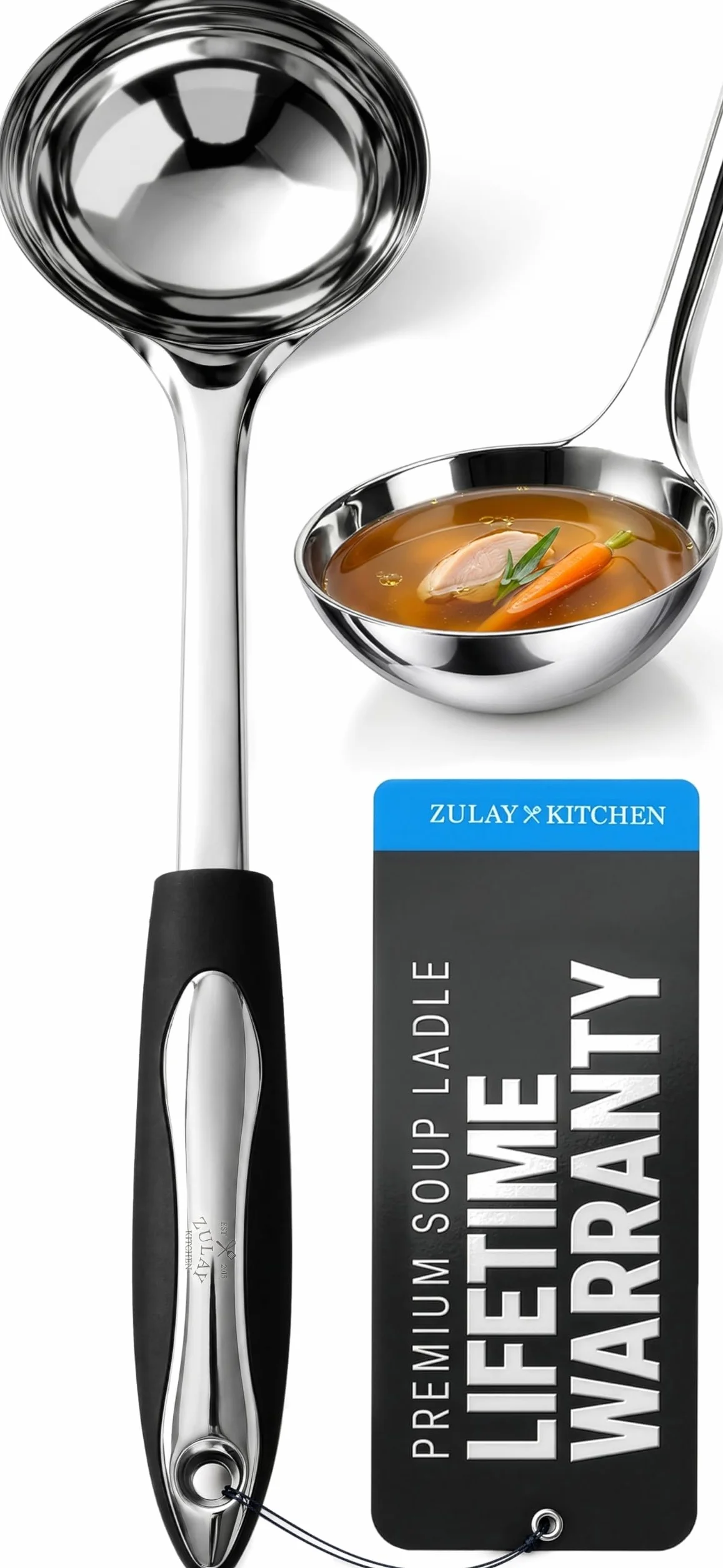 Zulay Kitchen Chochla do zupy ze stali nierdzewnej – idealna do serwowania gulaszu, chili i bulionu – 30 cm z silikonowym uchwytem