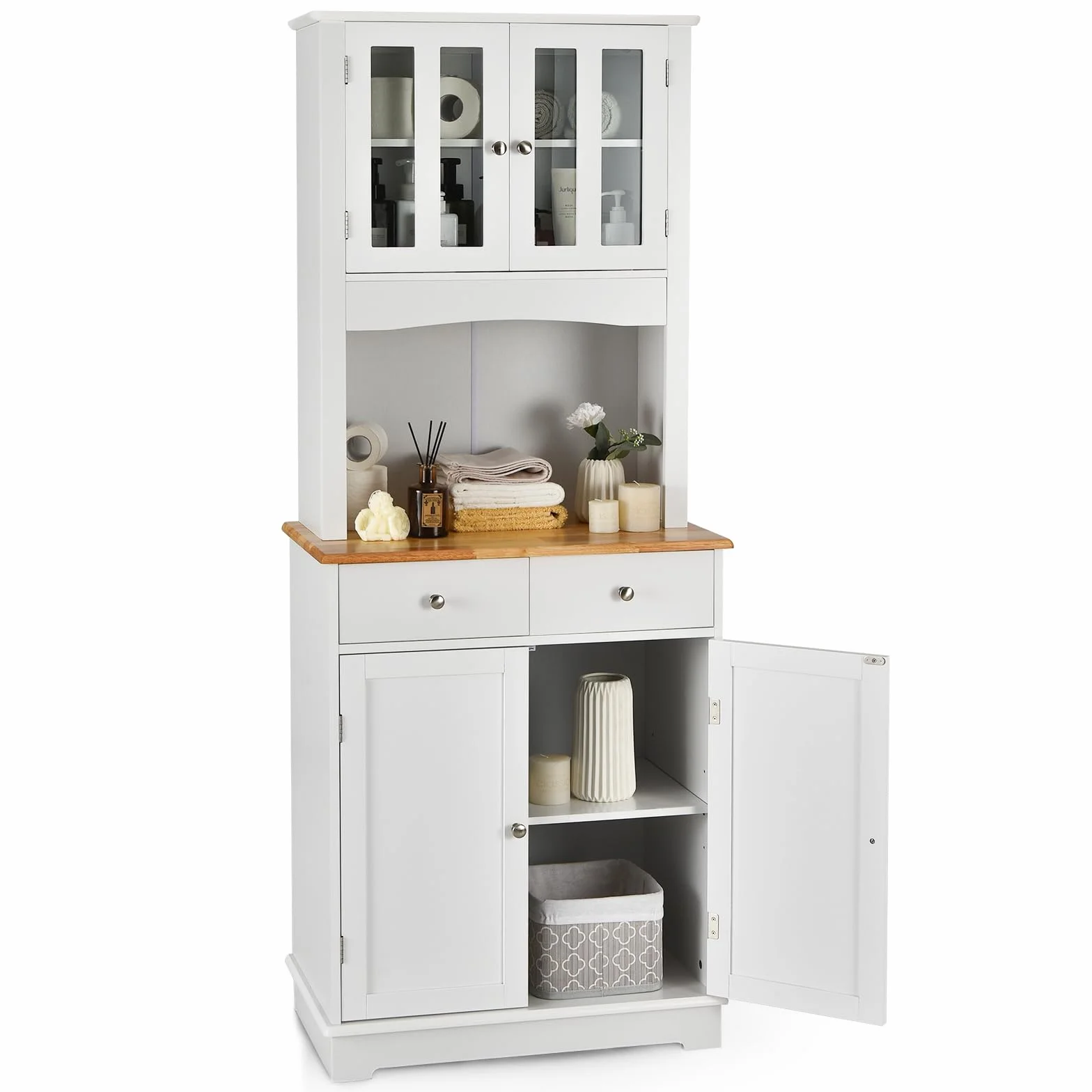 COSTWAY Szafka kuchenna, wysoka, 170 cm, drewniana szafka bufetowa, wysoka szafka z 2 szufladami i regulowanymi półkami, szklanymi drzwiami i otworem na kabel, wolnostojąca, bufet kuchenny, do jadalni
