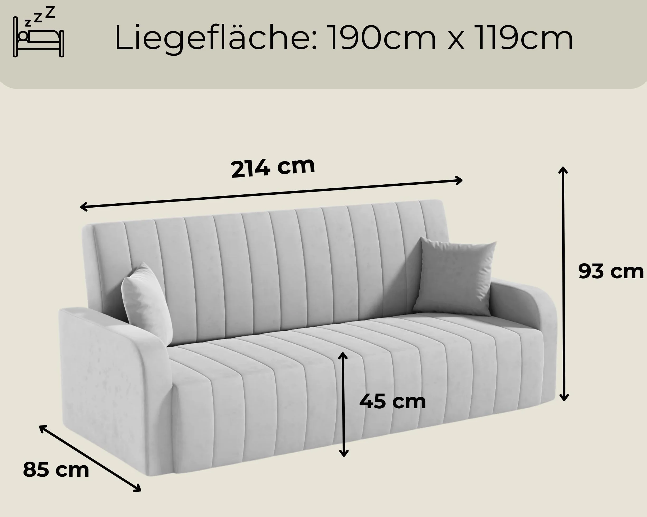 LIKMA Rozkładana Wersalka Otto Popielata 214 cm z Funkcją Spania, Pojemnikiem na Pościel, Sofa w Tkaninie Trinity 32