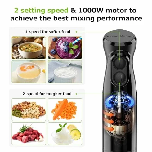 Bonsenkitchen Elektryczny blender ręczny 3 w 1, 1000 W, z miarką i trzepaczką, bezstopniowa regulacja prędkości do koktajli mlecznych, puree, sosów, HB3202 (czarny)