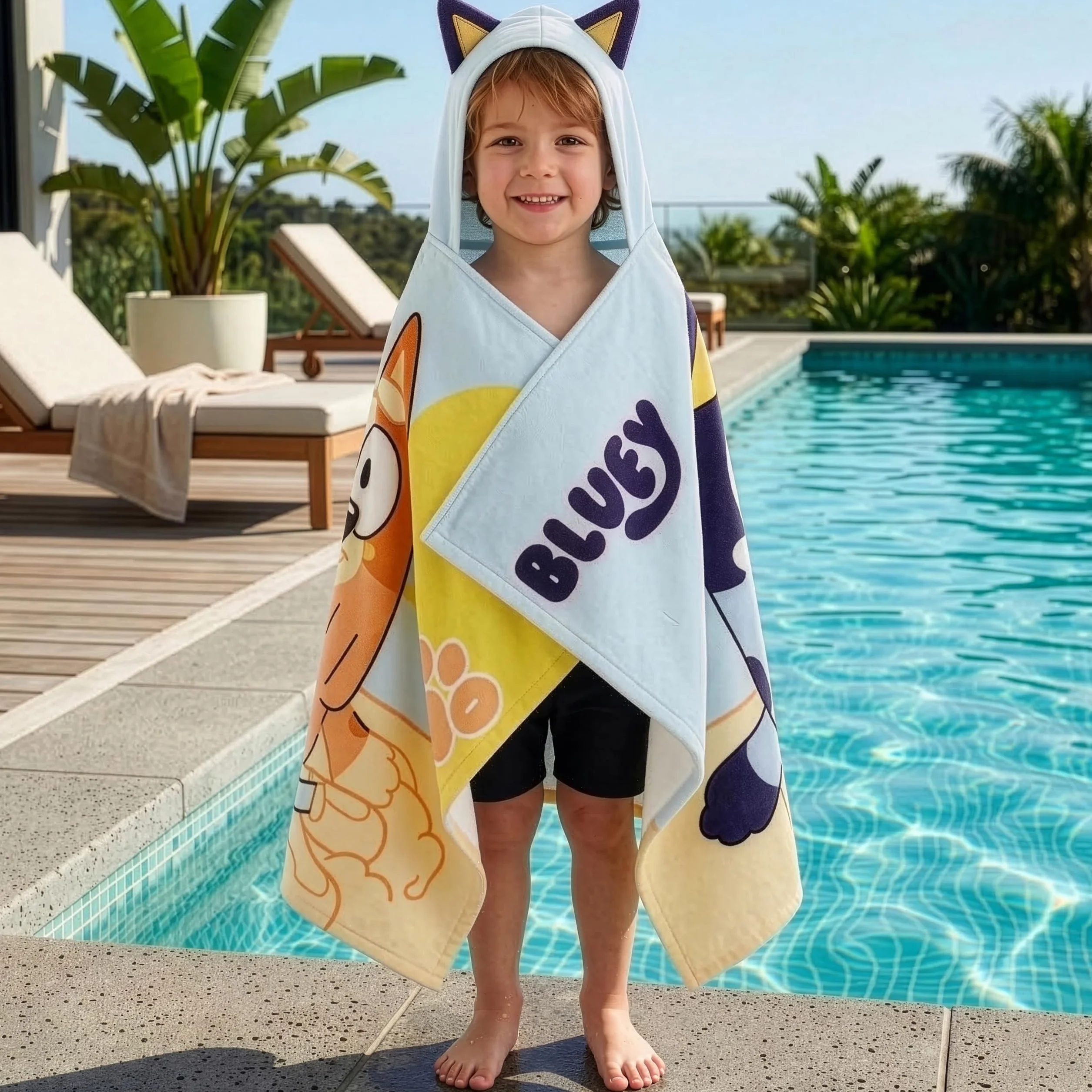 Bluey Ręcznik Plażowy Chłopców, Ręcznik Z Kapturem Z Uszami 3D, Ręcznik Kąpielowy Noszenia Na Basen, Niebieski One Size