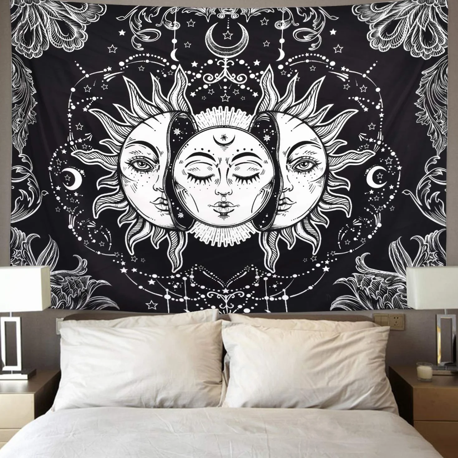 LOMOHOO Gobelin z motywem tarota, słońce i księżyc, psychodeliczny gobelin na ścianę, czarny, niebiański, indyjska mandala, bohema. hipisowska narzuta na plażę (słońce i księżyc, L: 148 x 200 cm)