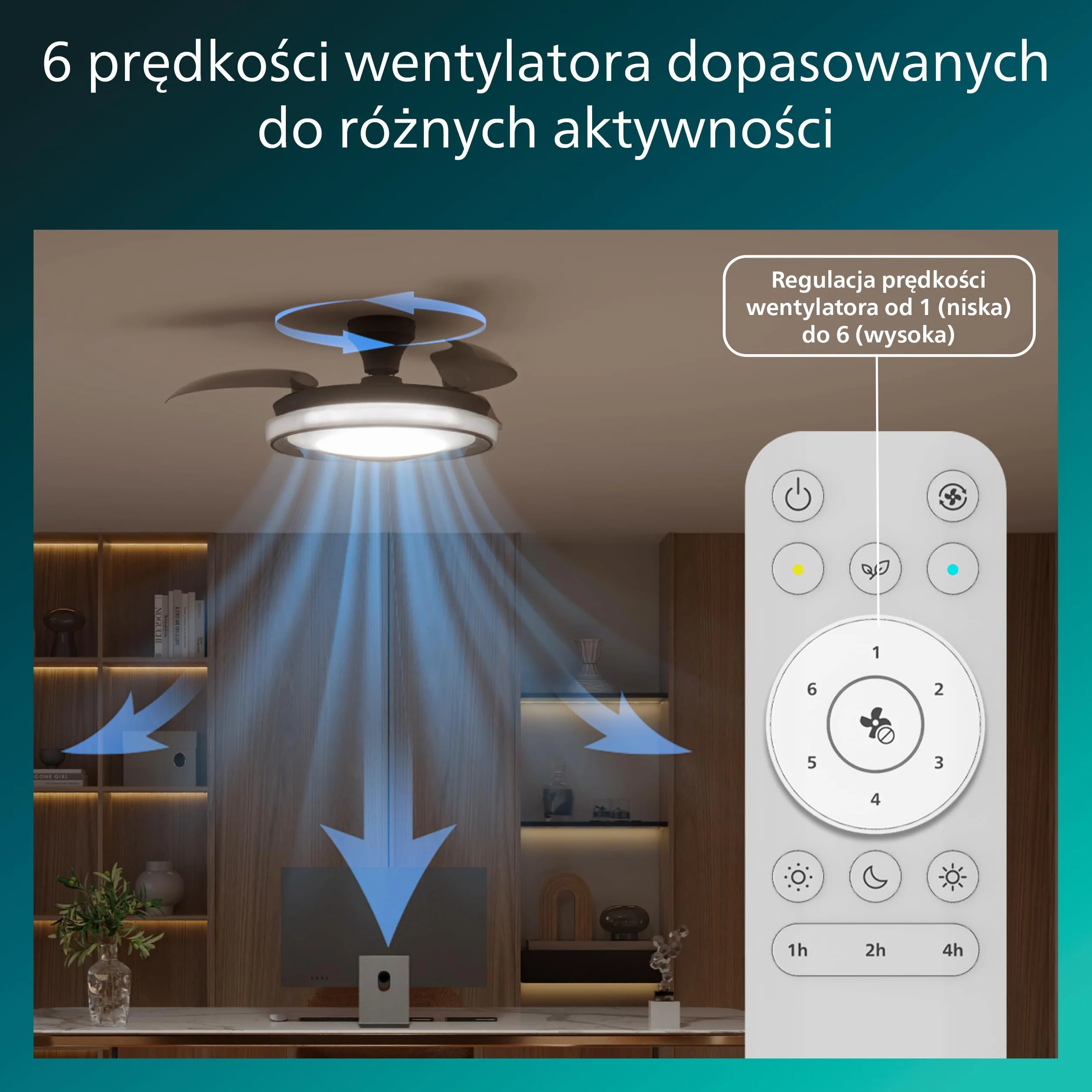 Chowany Wentylator Sufitowy Philips Bliss z Oświetleniem LED, 3 Łopatki, 106 cm, 4500 Lumenów, Regulowana Barwa 3000–6500 K, Przyciemnianie do 5%, Pilot, Czarny