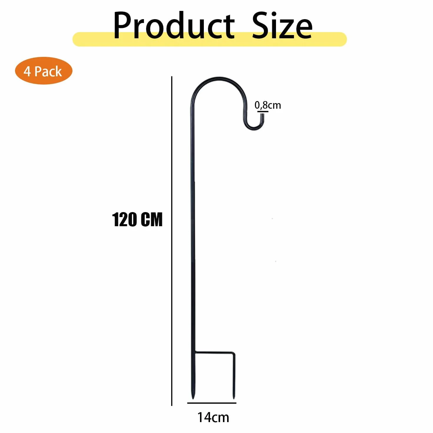 Haczyk do pasterza ogrodowego, 120 cm kij latarniowy pasterza pałeczka, metalowy kij ogrodowy z haczykiem latarnia hak pasterski łuk, 4 szt