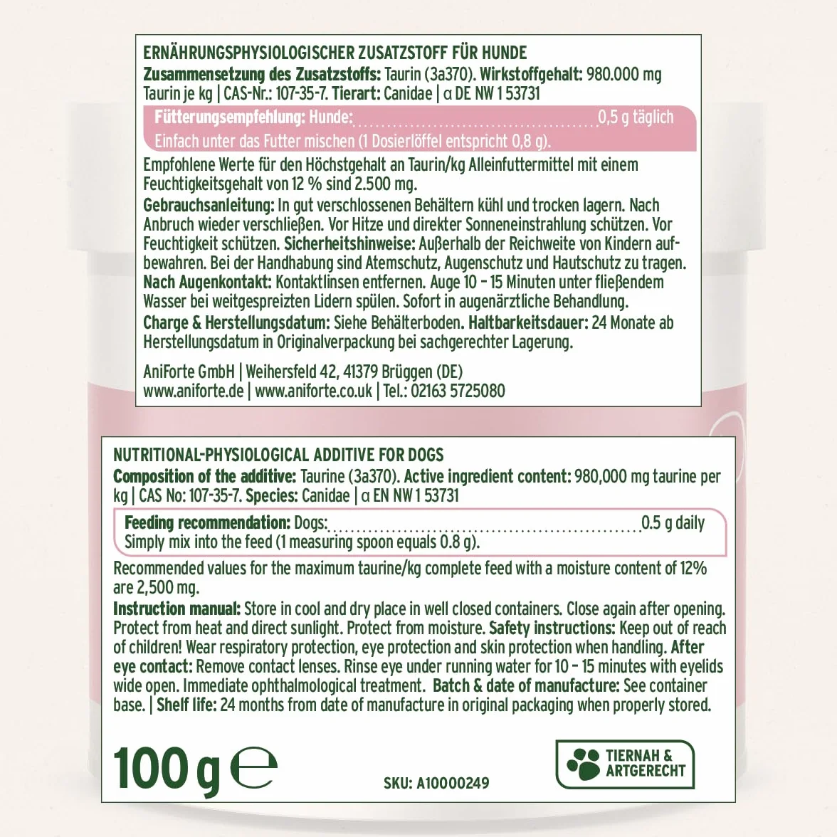 AniForte Taurin für Hunde 100g - Rein, essentielle Aminosäure, Unterstützung Abwehrkraft & Zellstoffwechsel, Erhaltung Herzfunktion & Herzkreislaufsystem, wertvolle Futterergänzung (100 g)
