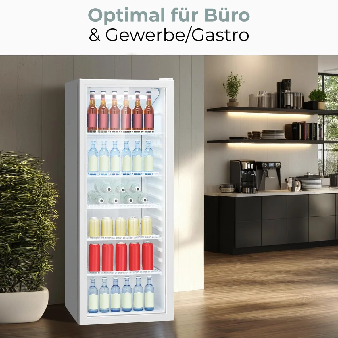 Lodówka Bomann® z drzwiami szklanymi, Klasa energetyczna C, 143 cm, Lodówka na napoje 2-12°C, MultiAirflow, 5 półek drucianych, Odwracalny zawias drzwi, 236 l, Chłodziarka na butelki, KSG 7292, biała