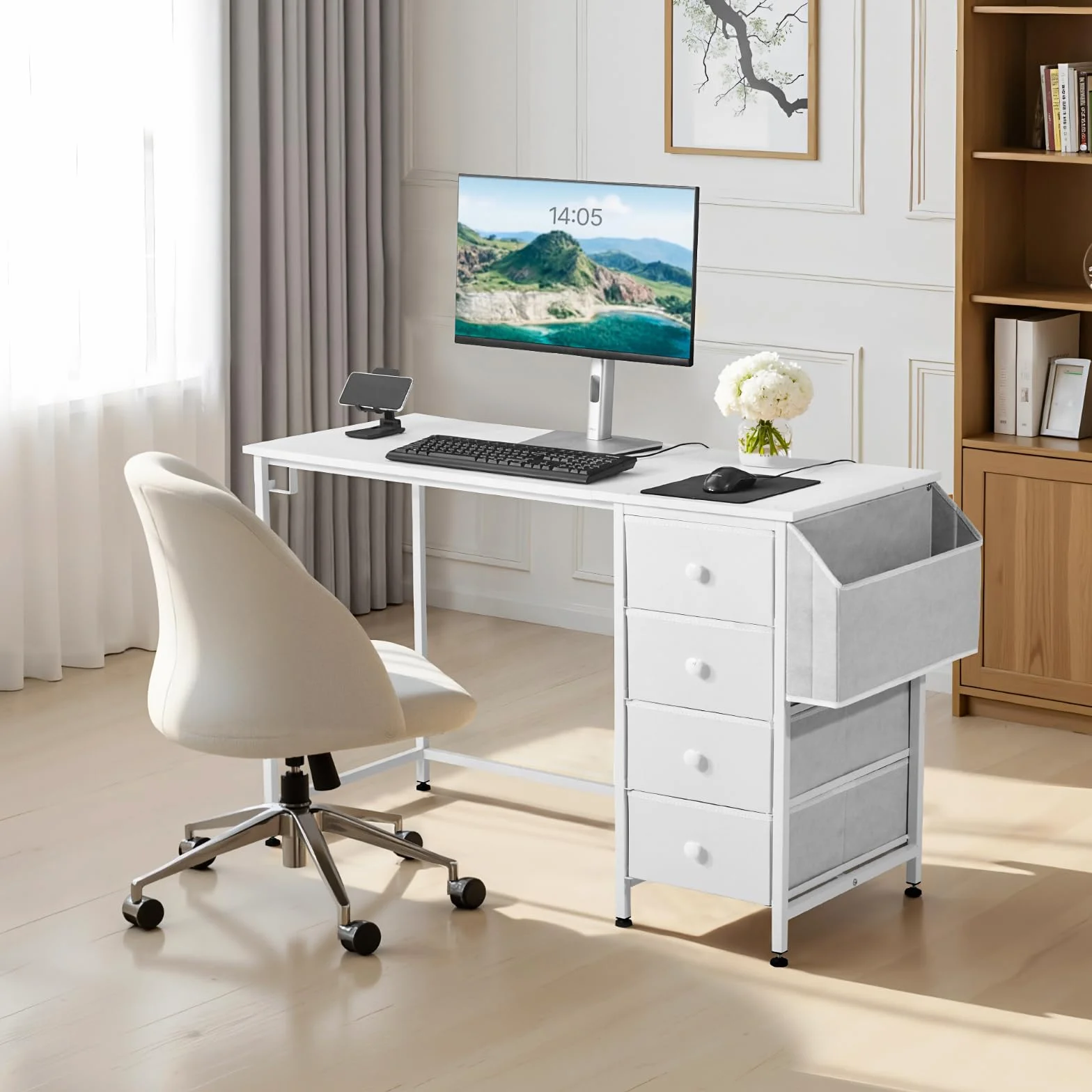 VEVOR Biurko komputerowe z szufladami z tkaniny, dwustronne 120 cm do nowoczesnego biura domowego sypialni, prosty nowoczesny stół PC z metalową ramą, biały